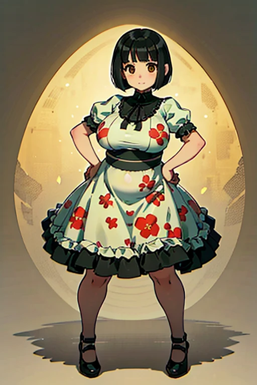 1 girl, ((masterpiece, side light, beautiful eyes: 1.2), Super detailed, ultra high resolution, professional lighting, high quality make up, beautiful detailed eyes), (highest quality:0.8), perfect anime illustrinion, beautiful, flin color background, simple background, whole body , looking for_in_viewer, 一人in, (whole body:1.5), (black hair:1.3), dark brown eyes, (big breasts:1), 一人in,Wasachiri, Huasachina, sash, puffy dress, dress, Puffy short sleeves, pantyhose, black shoes, Floral, print dress, put your hands on your hips, handkerchief,tof, (asymmetric bob cut:1.2),(おinこ:1.2),(boobs for days:1),(huge boobs:1),(plump:1.4),(curvy:1.4),(chubby:1.4),(Chubby:1.4),(low length:1.4),(short legs:1.4),(-fuselage type:1.4)