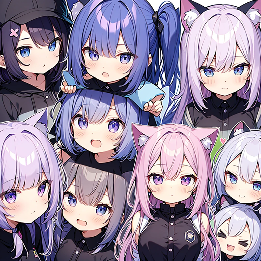 LINE stickers、Various expressions and poses、Chibi、kawaii, pink blue purple white hair, long hair, goth, blue pink eyes, cat ears, female, galaxy