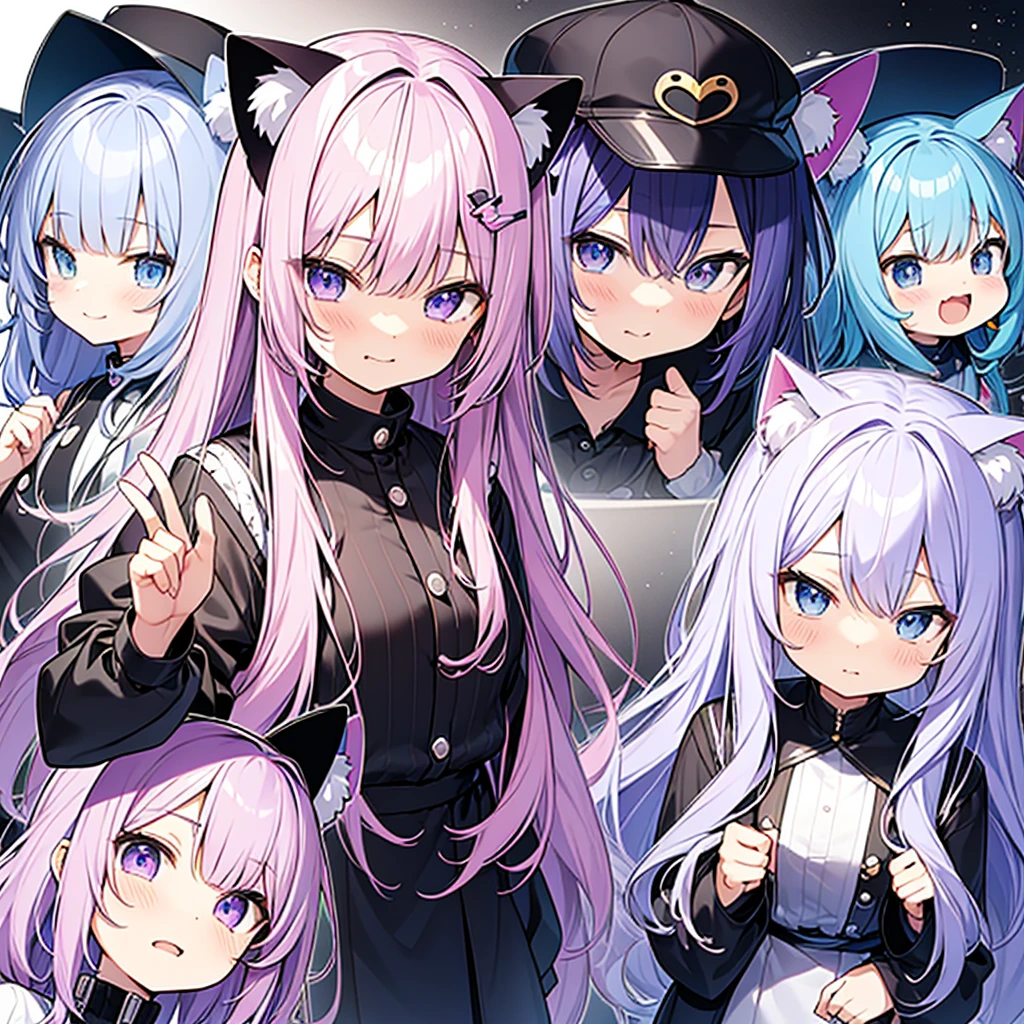 LINE stickers、Various expressions and poses、Chibi、kawaii, pink blue purple white hair, long hair, goth, blue pink eyes, cat ears, female, galaxy