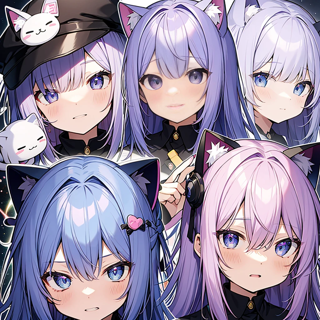 LINE stickers、Various expressions and poses、Chibi、kawaii, pink blue purple white hair, long hair, goth, blue pink eyes, cat ears, female, galaxy