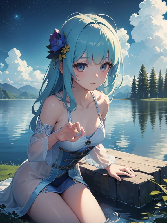 Beautiful girl drawn with high precision, wallpaper, summer pond, pond, boat, afternoon sun, pond background, depth of field, hot weather, high resolution details, wet watermark, super detail, film, surrealism, soft light, deep field focus bokeh, ray tracing, diffuse (ultra-fine glass reflection), surrealism. , night, moonlight --v6