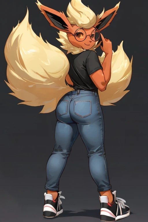 ((Flareon)), anthropomorphic, big boobs, big ass, pokemorph, (((1girl))), (((black t-shirt))), (denim bell bottom pants), (black sneakers), cute and sexy, slender, red skin, (round glasses), long legs, smiling, butt showing