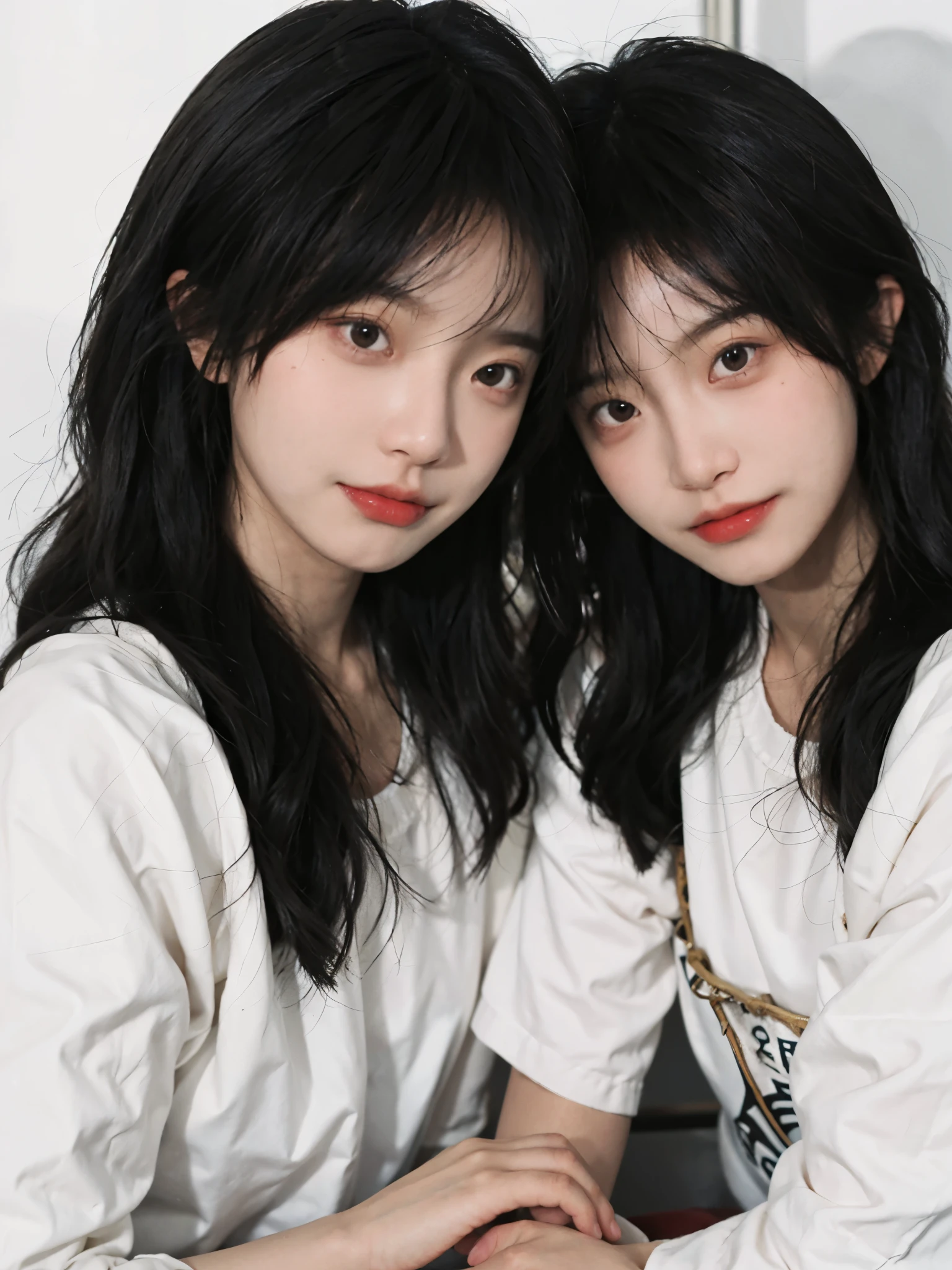 best quality, ultra high resolution, White background,(Upper body:1.4)(realistically:1.4), 2个girl,(medium shot:1.4 gold),short sleeves,cute,Atmosphere,twin,A pair of eyes as clear as snow,Royal sister,girl,looking at the audience, close up ,
