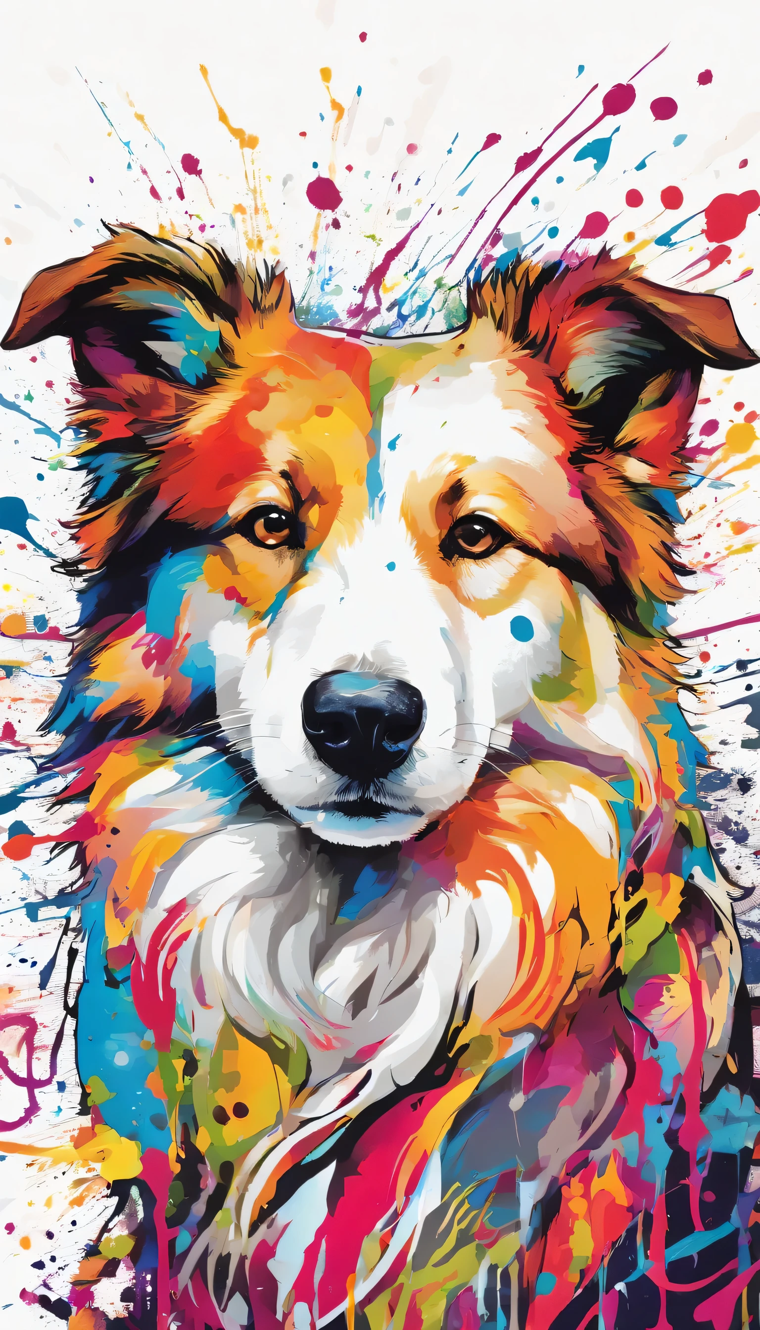 splash art, Shetland Shetland Shepherd Dog, ((White background)), The head is in the center of the screen，sharp vision, art station, Color paint splatter style, contour, Super detailed complex detailed , Unreal Engine, excellent, intricate details, splash screen, complementary colors, fantasy concept art, 8K resolution, The work of an outlier, painting, puff, paint drops, splash ink painting