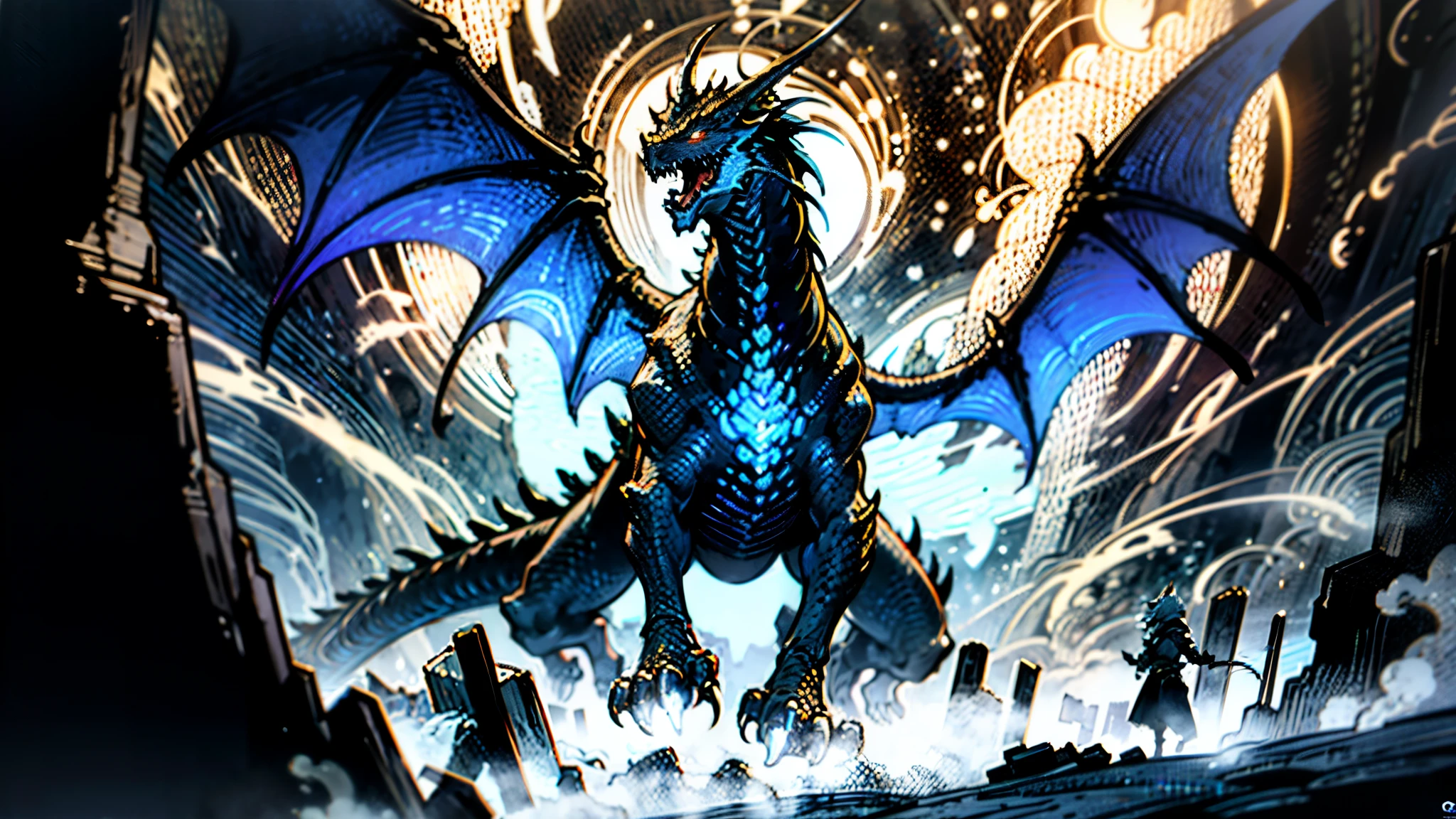 In the style of Ivan Bilibin and Arthur Rackham, An adventurer donned in silvery-blue lightweight armor, brandishing a dazzling azure-hued holy sword, confronts a colossal malevolent black dragon, The sky is obscured by a dark mist, and the dragon's ominous aura wreaks havoc on the landscape of mountains, forests and city below, Cinematic atmosphere, detailed destruction, epic fantasy, high definition, best quality, highres, ultra-detailed, ultra-fine painting, extremely delicate, professional, anatomically correct, creativity, RAW photo, UHD, HDR, 32k, Natural light, cinematic lighting, masterpiece-anatomy-perfect, masterpiece:1.5