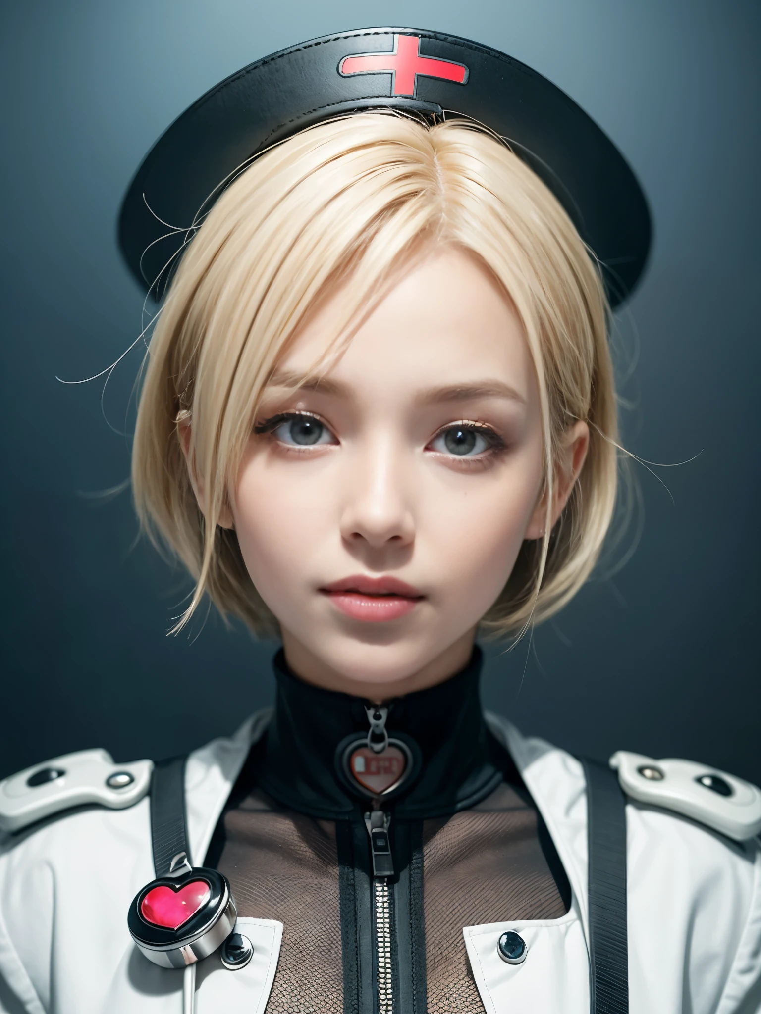 《concept art》。（（（Virtual character design：Heart doctor，Hypnotist，Broadcast host，female，20 years old，white short hair，fluffy hair，Exquisite facial features，Beautiful makeup，Skin details，Smile）））。（（White technological nurse uniform））。((Super realistic details)), illumination, shadow and light, octane rendering, 8k, Super sharp,complex, Accessories details,Atmosphere