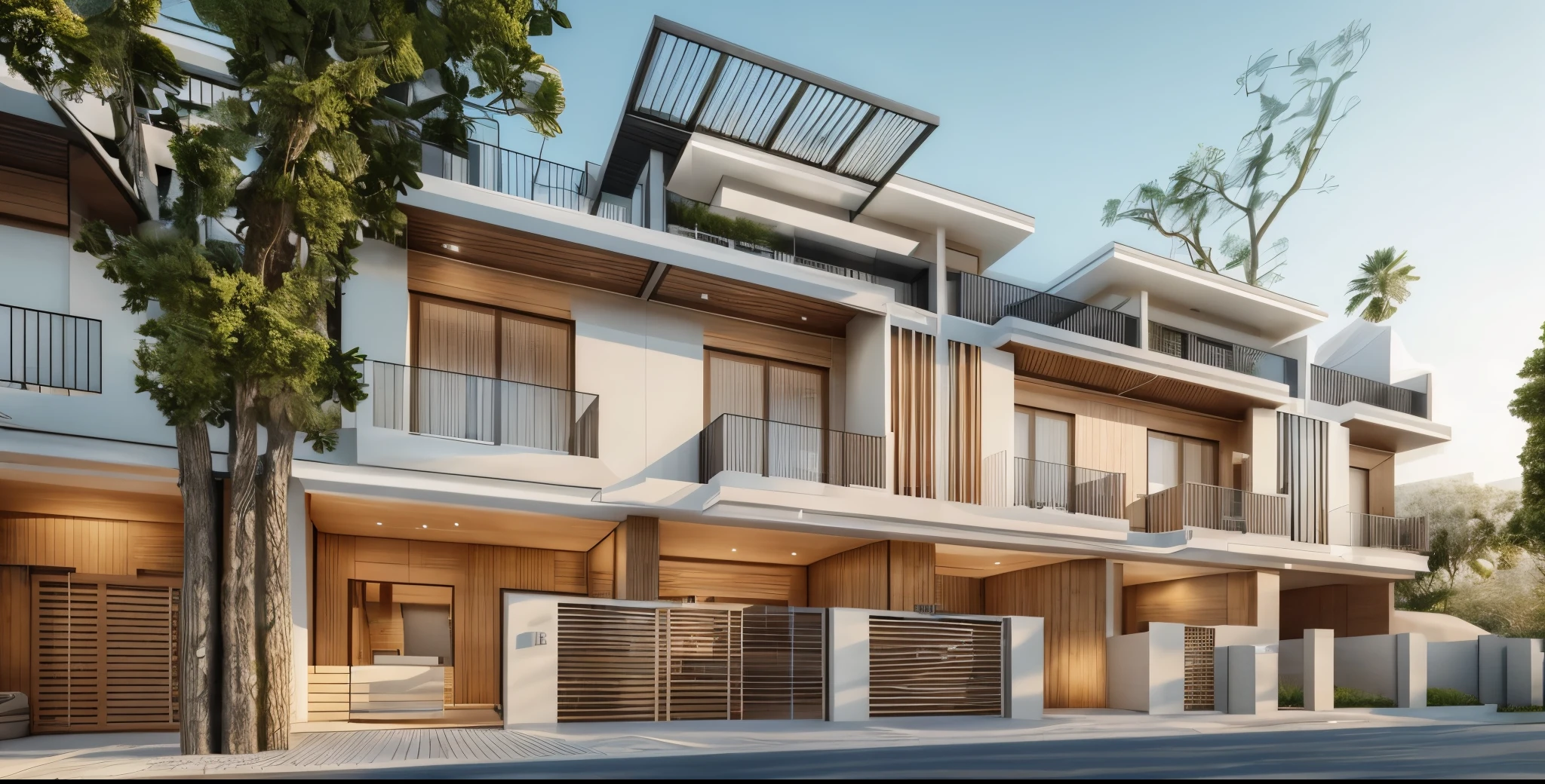 Exterior, house, luxury, modern style, reflective glass material, white wall paint, stone wall, wooden ceiling, in the city, crowded street, many cars, many people, many trees, Trees on the roof, sunrise, empty clouds, 8k, vray images