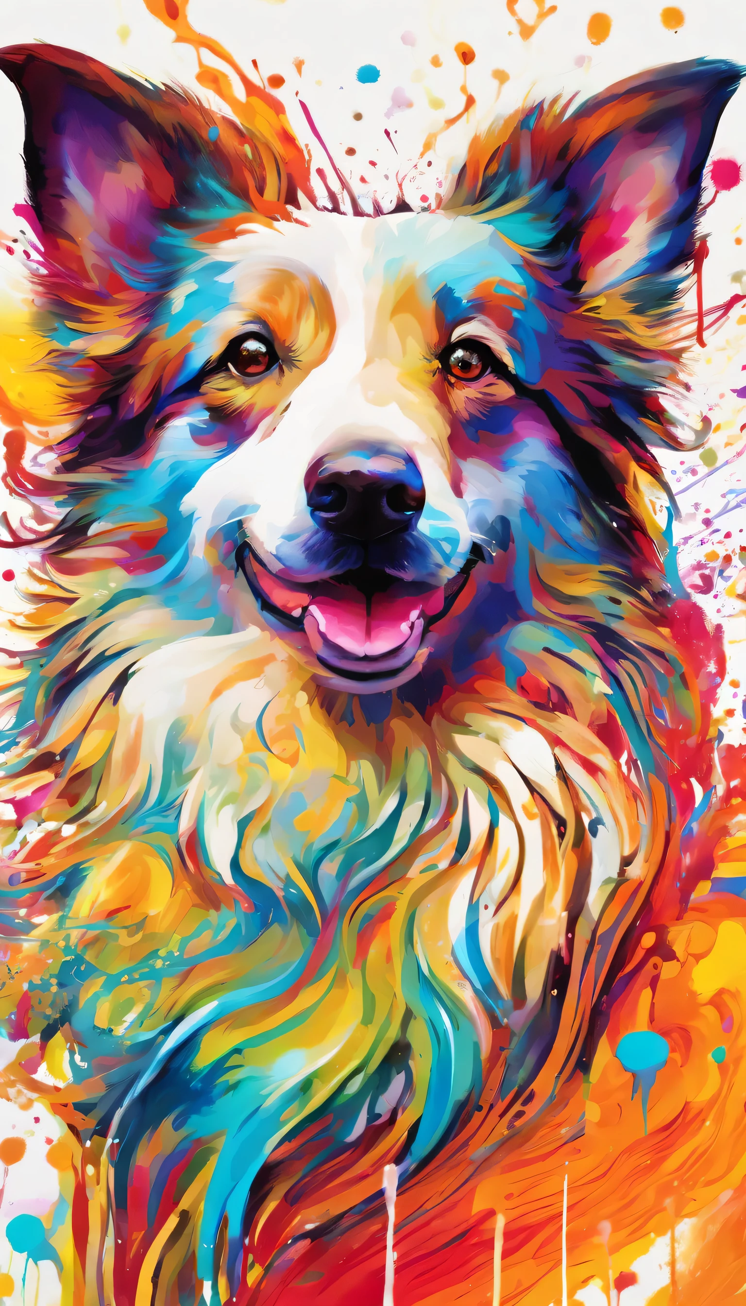 splash art, Shetland Shetland Shepherd Dog, ((White background)), The head is in the center of the screen,sharp vision, art station, Color paint splatter style, contour, Super detailed complex detailed , Unreal Engine, excellent, intricate details, splash screen, complementary colors, fantasy concept art, 8K resolution, The work of an outlier, painting, puff, paint drops, splash ink painting