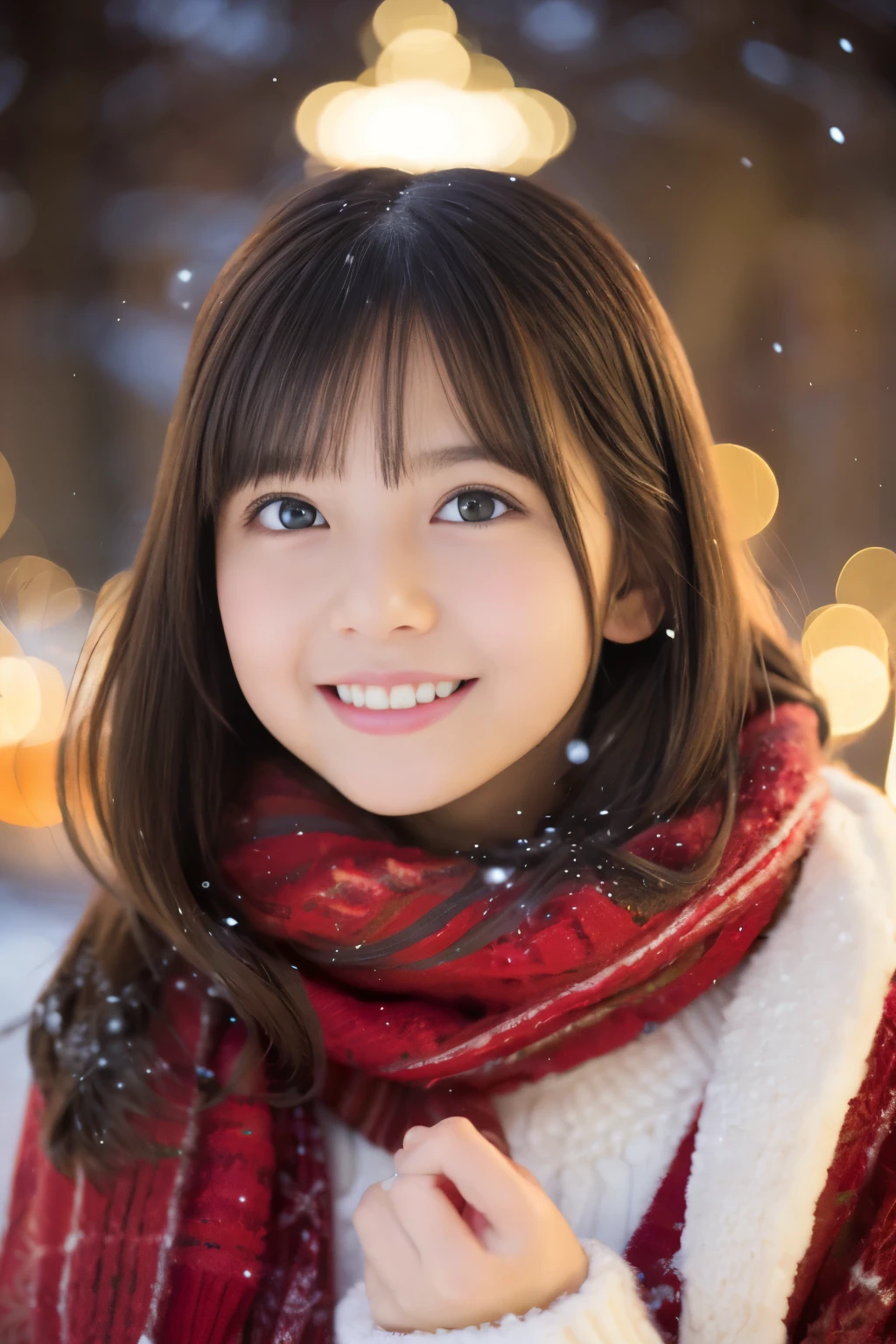 (highest quality,realistic,High resolution),2 girls,beautiful and fine eyes,beautiful detailed lips,smile,laughter,cute,christmas eve,Happy,enjoying,winter,Joyful,Excited,sparkling light,decorated christmas tree,crew,cozy atmosphere,warm fireplace,magic moment,twinkling stars,glowing candle,it's snowing,ground covered with soft snow,colorful holiday decorations,red and green colors,classy dress,fluffy scarf,Happy memories,cherish sisterhood,愛とlaughter、12 year old sisters、baby face、Childish、look at the camera、present box、