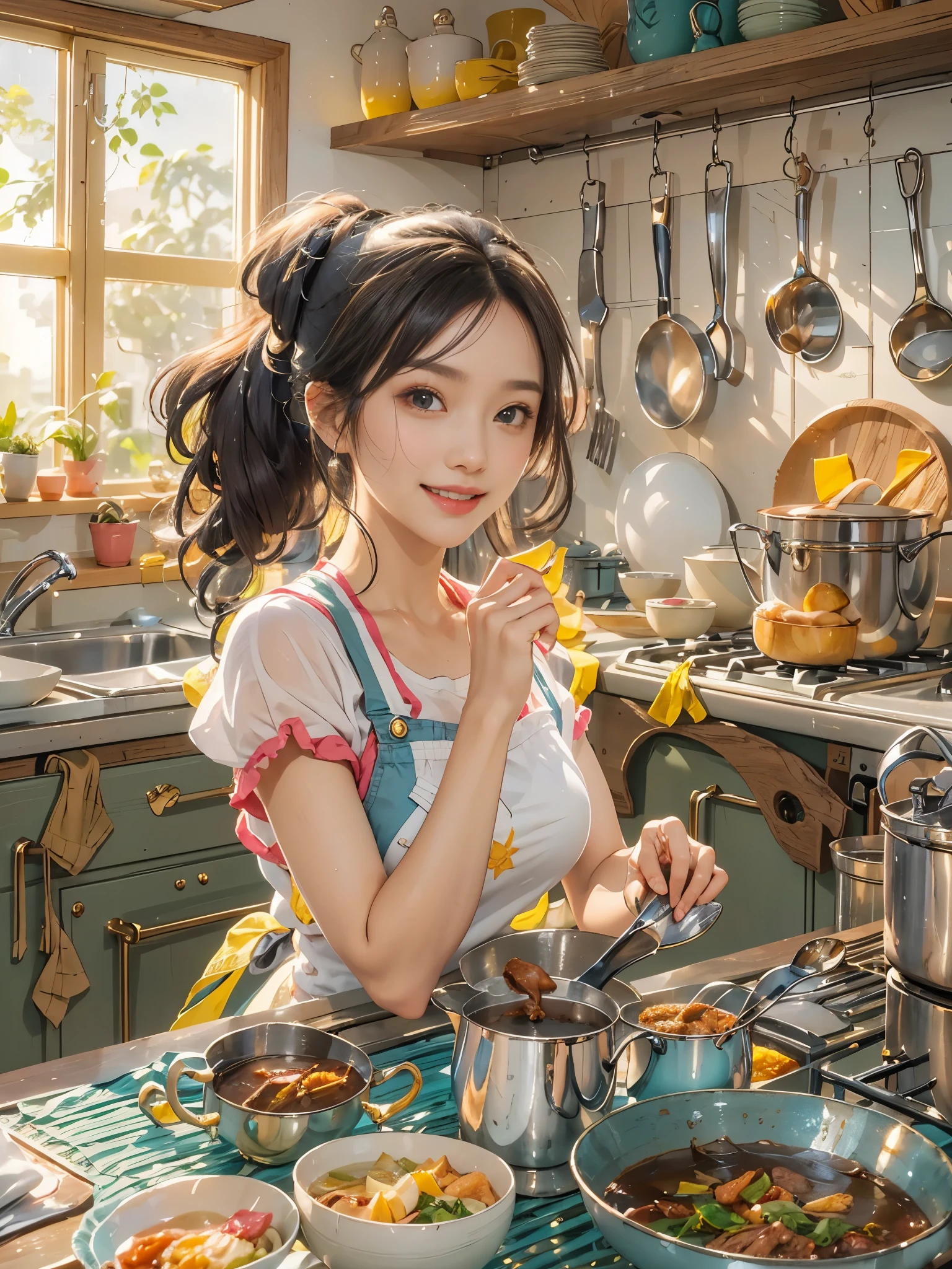 An imaginative and heartwarming depiction of a dream girlfriend, envisioned as a loving partner and lifelong companion, cooking in the kitchen. She radiates a sweet and comforting smile that brightens the room, creating a sense of joy and tranquility. Her smile is so enchanting that it can make all worries fade away. She embodies wisdom, beauty, and a diligent character. Her attire is casual yet feminine, suitable for cooking, with her hair tied back neatly. The kitchen setting is homely and well-equipped, filled with the aroma of delicious food. The overall style is a blend of realism and a touch of whimsy, capturing the essence of a sweet, hardworking girl in a domestic, loving environment, (花卉水彩画:1.5)，(Super high saturation, bright and vivid colors:1.5), (正面看着观众:1.5)