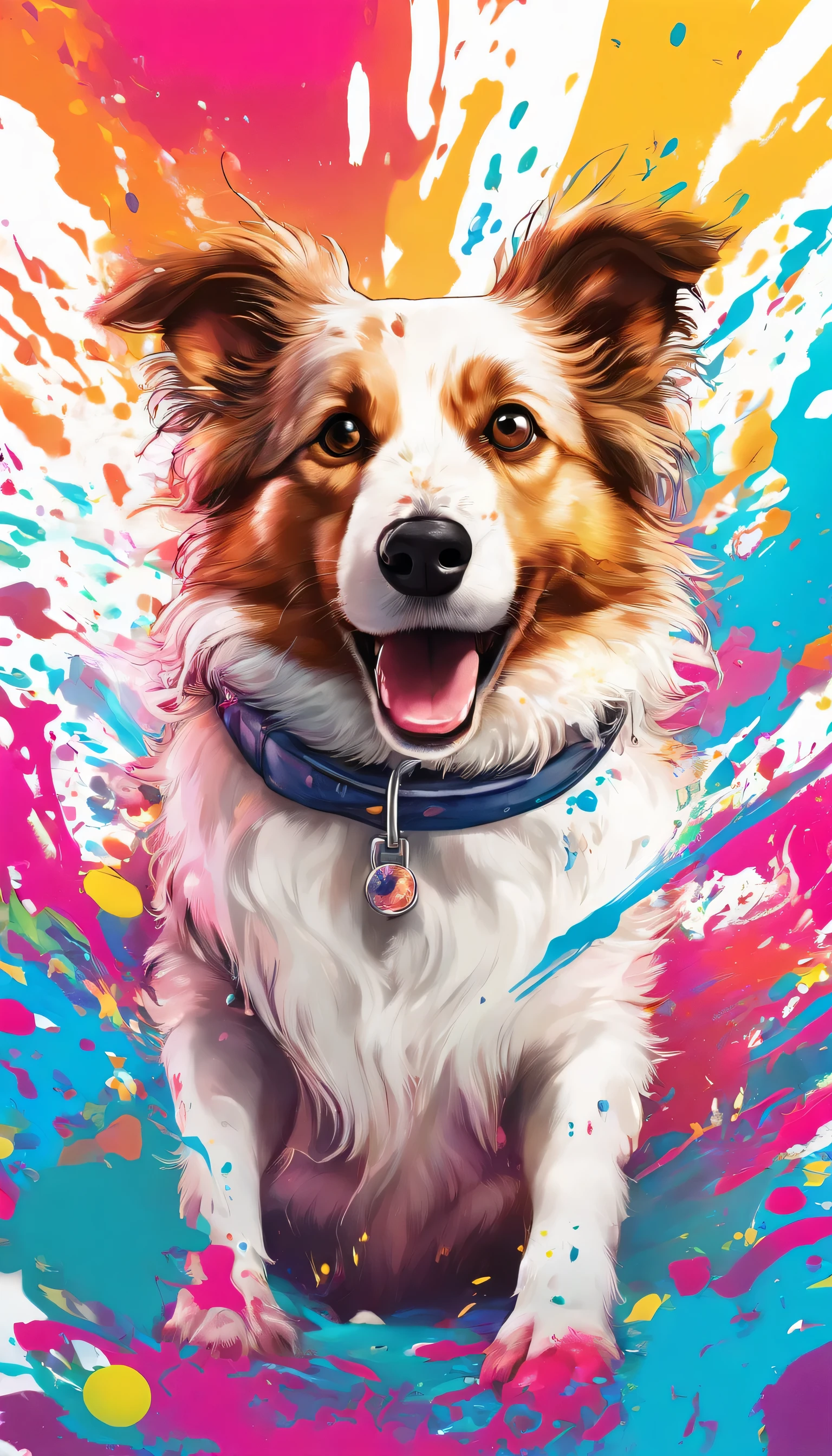 splash art, Shetland Shetland Shepherd Dog, ((White background)), The head is in the center of the screen,sharp vision, art station, Color paint splatter style, contour, Super detailed complex detailed , Unreal Engine, excellent, intricate details, splash screen, complementary colors, fantasy concept art, 8K resolution, The work of an outlier, painting, puff, paint drops, splash ink painting