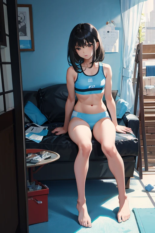 （masterpiece，highest quality），child，petite，black haired，medium hair，Light blue sports bra，incontinence