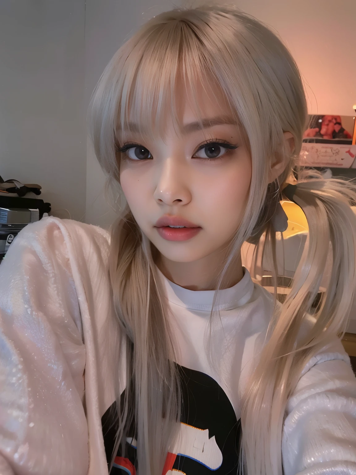 chica rubia con pelo largo y flequillo con una camisa blanca, Lalisa Manobal, flequillo blanco, pelo largo y blanco y flequillo, cabello plateado (cola de caballo), cabello con flequillo blanco, Lalisa Manoban de Blackpink, peinado de corte hime blanco, ulzzang, silver cola de caballo hair, girl silver cola de caballo hair, con el pelo largo y blanco, su cabello es blanco, Jennie from Blackpink, jennie from blackpink face