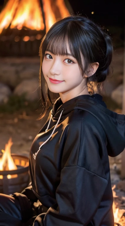 (highest quality,In 8K,masterpiece:1.3,),(Super high resolution,Photoreal:1.4,Raw photo),(super detailed,shiny skin,delicate skin),(detailed face,perfect anatomy,caustics),(Mountain bonfire),with a girl,Sit behind a bonfire,cute,18-year-old,Japanese,japanese id,smile,look at the camera,black haired,short ponytail,big breasts,(hooded hoodie),long pants,deep at night,starry sky,(Bonfire Up),(Bonfire focal point),Low - Angle,