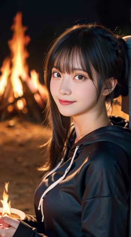 (highest quality,In 8K,masterpiece:1.3,),(Super high resolution,Photoreal:1.4,Raw photo),(super detailed,shiny skin,delicate skin),(detailed face,perfect anatomy,caustics),(Mountain bonfire),with a girl,Sit behind a bonfire,cute,18-year-old,Japanese,japanese id,smile,look at the camera,black haired,short ponytail,big breasts,(hooded hoodie),long pants,deep at night,starry sky,(Bonfire Up),(Bonfire focal point),Low - Angle,