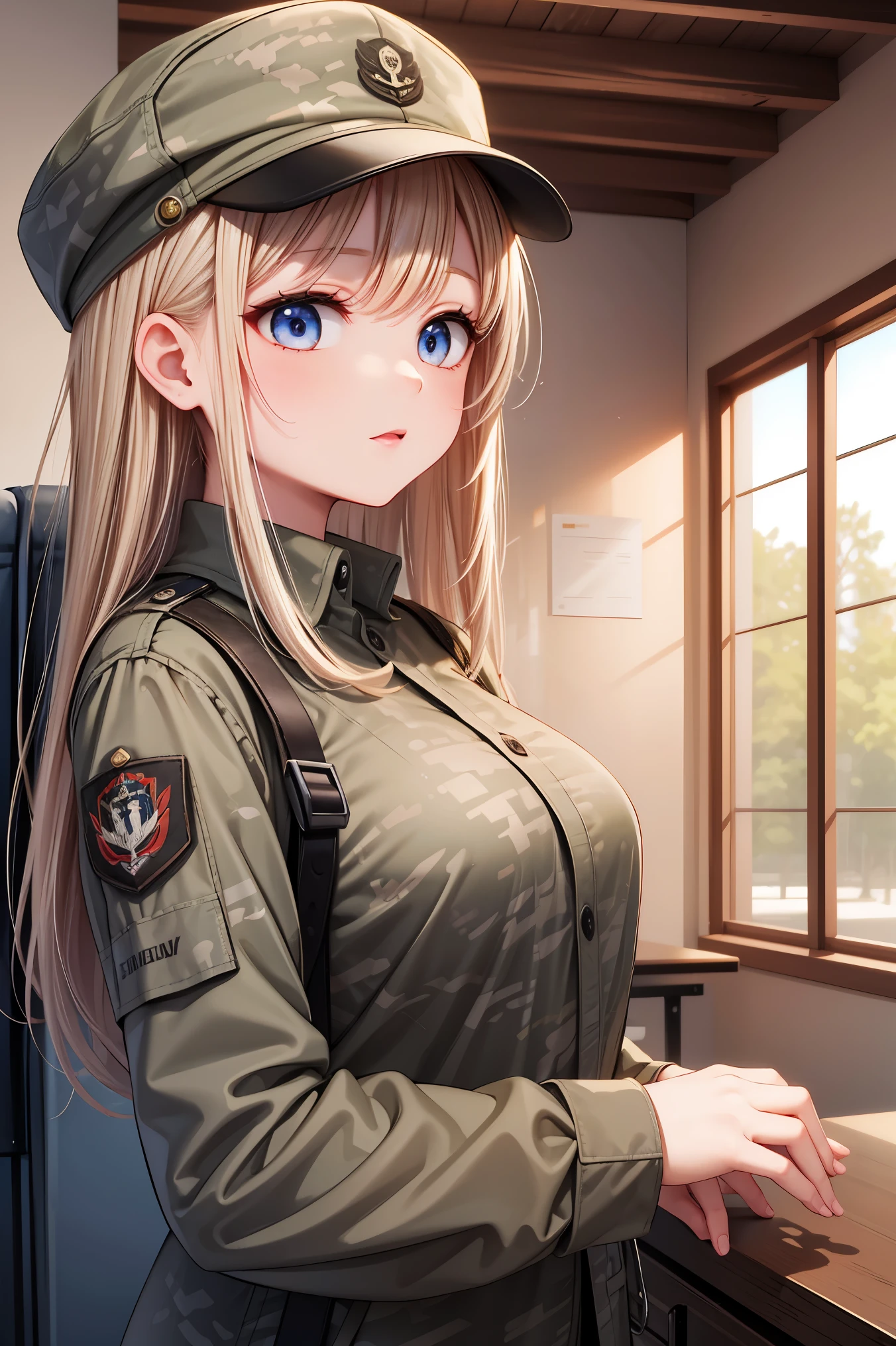 ((masterpiece, best quality, ultra-detailed, very fine 8KCG wallpapers)), 1girl, solo, medium breasts, soldier, camouflage clothing, military base, military uniform, nice hands, perfect hands,