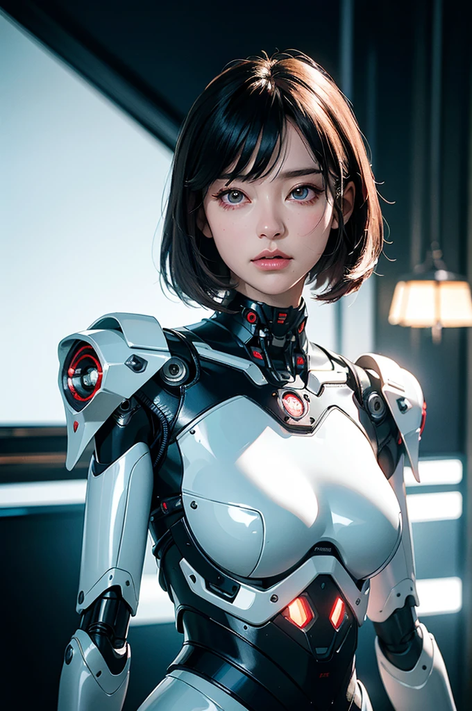 Complex 3D rendering of ultra-detailed porcelain female robot, 1 girl, (natural skin texture, actual eye details:1.2), part, beautiful soft light, rim light, Vibrant details, Luxury Cyberpunk, hyperactual, anatomical, face muscles, Cable wire, microchip, elegant, beautiful background, octane rendering, apple style, 8k, best quality, masterpiece, illustration, extremely delicate and beautiful, CG, Unite, wallpaper, (actual, photo-actual:1.2), Astonishing, fine details, masterpiece, best quality, official art, extremely detailed CG Unite 8k wallpaper, Extremely ridiculous, sexy, Mechanical skeleton, Android, Surrealism, Doomsday wasteland, (high-tech prosthetics:1.2), Fluffy black short hair, Perfect body, Navy blue glowing cyber ship