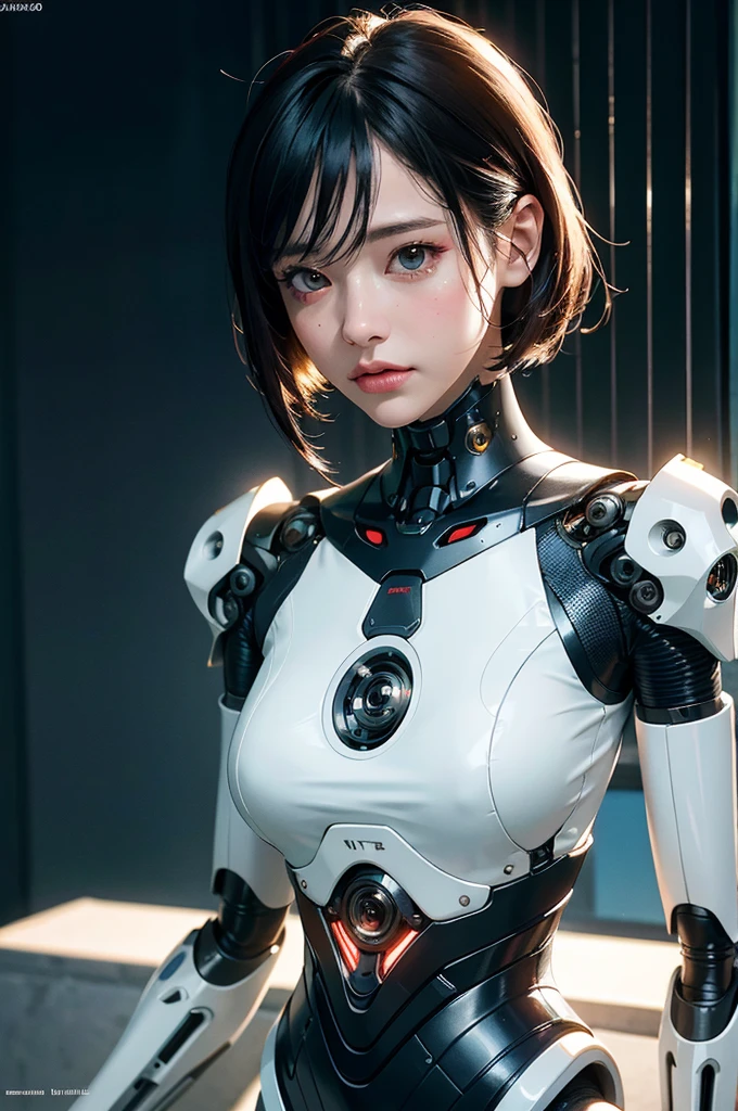 Complex 3D rendering of ultra-detailed porcelain female robot, 1 girl, (natural skin texture, actual eye details:1.2), part, beautiful soft light, rim light, Vibrant details, Luxury Cyberpunk, hyperactual, anatomical, face muscles, Cable wire, microchip, elegant, beautiful background, octane rendering, apple style, 8k, best quality, masterpiece, illustration, extremely delicate and beautiful, CG, Unite, wallpaper, (actual, photo-actual:1.2), Astonishing, fine details, masterpiece, best quality, official art, extremely detailed CG Unite 8k wallpaper, Extremely ridiculous, sexy, Mechanical skeleton, Android, Surrealism, Doomsday wasteland, (high-tech prosthetics:1.2), Fluffy black short hair, Perfect body, Navy blue glowing cyber ship