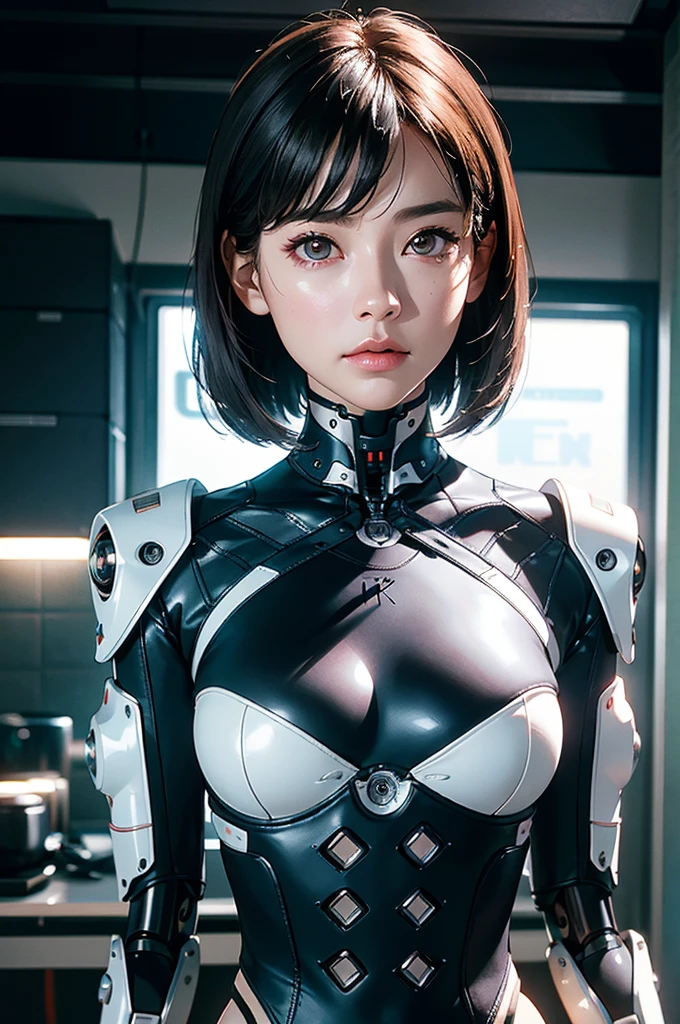 Complex 3D rendering of ultra-detailed porcelain female robot, 1 girl, (natural skin texture, actual eye details:1.2), part, beautiful soft light, rim light, Vibrant details, Luxury Cyberpunk, hyperactual, anatomical, face muscles, Cable wire, microchip, elegant, beautiful background, octane rendering, apple style, 8k, best quality, masterpiece, illustration, extremely delicate and beautiful, CG, Unite, wallpaper, (actual, photo-actual:1.2), Astonishing, fine details, masterpiece, best quality, official art, extremely detailed CG Unite 8k wallpaper, Extremely ridiculous, sexy, Mechanical skeleton, Android, Surrealism, Doomsday wasteland, (high-tech prosthetics:1.2), Fluffy black short hair, Perfect body, Navy blue glowing cyber ship