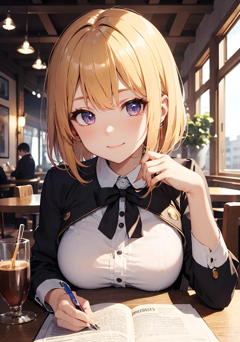 masterpiece, absurdres, best quality, ultra detailed, high Resolution, detailed illustration, extremely beautiful detailed face and eyes, bright colour, 1girl, (), cute face, Delicate beautiful face, magenta eyes, cute eyes, sparkling eyes, big eyes, medium breasts, (perky breasts:1.1), (pointy breasts:1.1), medium hips, glamorous body, white skin, Smile, BREAK, long bob cut, (blonde hair:0.8), messy hair, detailed hair, shiny hair, BREAK winter coat, tiny ribbon, at cafe, looking outside, siting, coffee on table, real world, natural lights, perfect lighting,