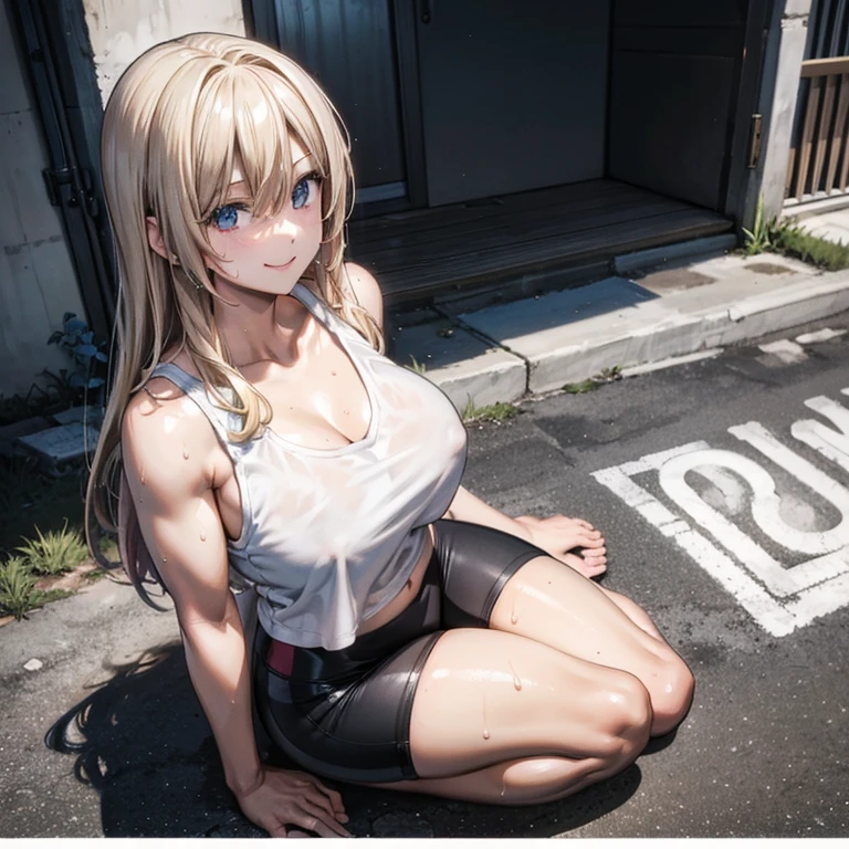 blonde、big breasts、muscular body、Rin々New、sweaty、、smile、barefoot、30 years old、woman、strong、Tank top、leggings