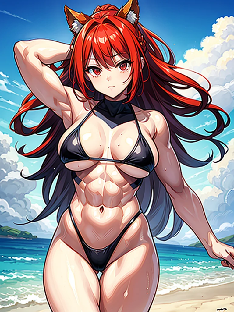 （（（masterpiece、Highest image quality、highest quality、highly detailed unity 8ｋwallpaper）））、（（Illustration of one girl））、（（（beautiful girl）））、（（red hair、Braid、sidelocks：1.2、red eyes））、（（（stocky build：1.2, thickset physique：1.3, muscular legs, broad shoulders：1.3, solid chest：1.2）））、swimsuit、sandy beach