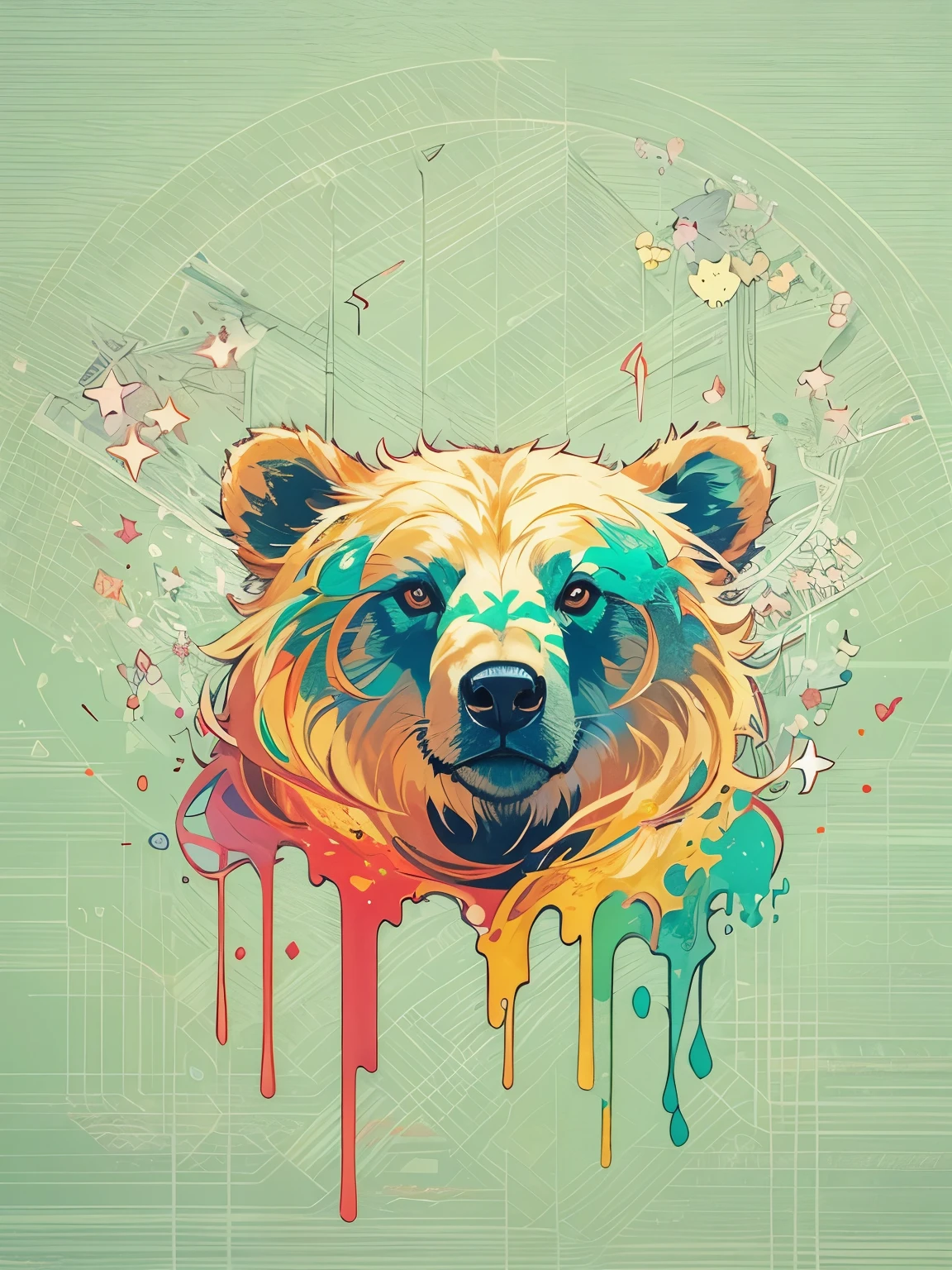 野生のBear just the face animal Bear cool art rainbow Seven colors art