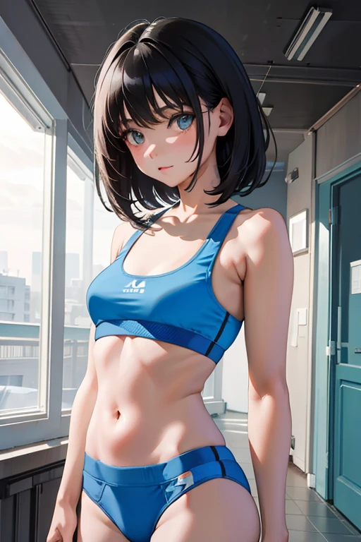 (masterpiece,highest quality),,petitlack haired,medium hair,Light blue sports bra