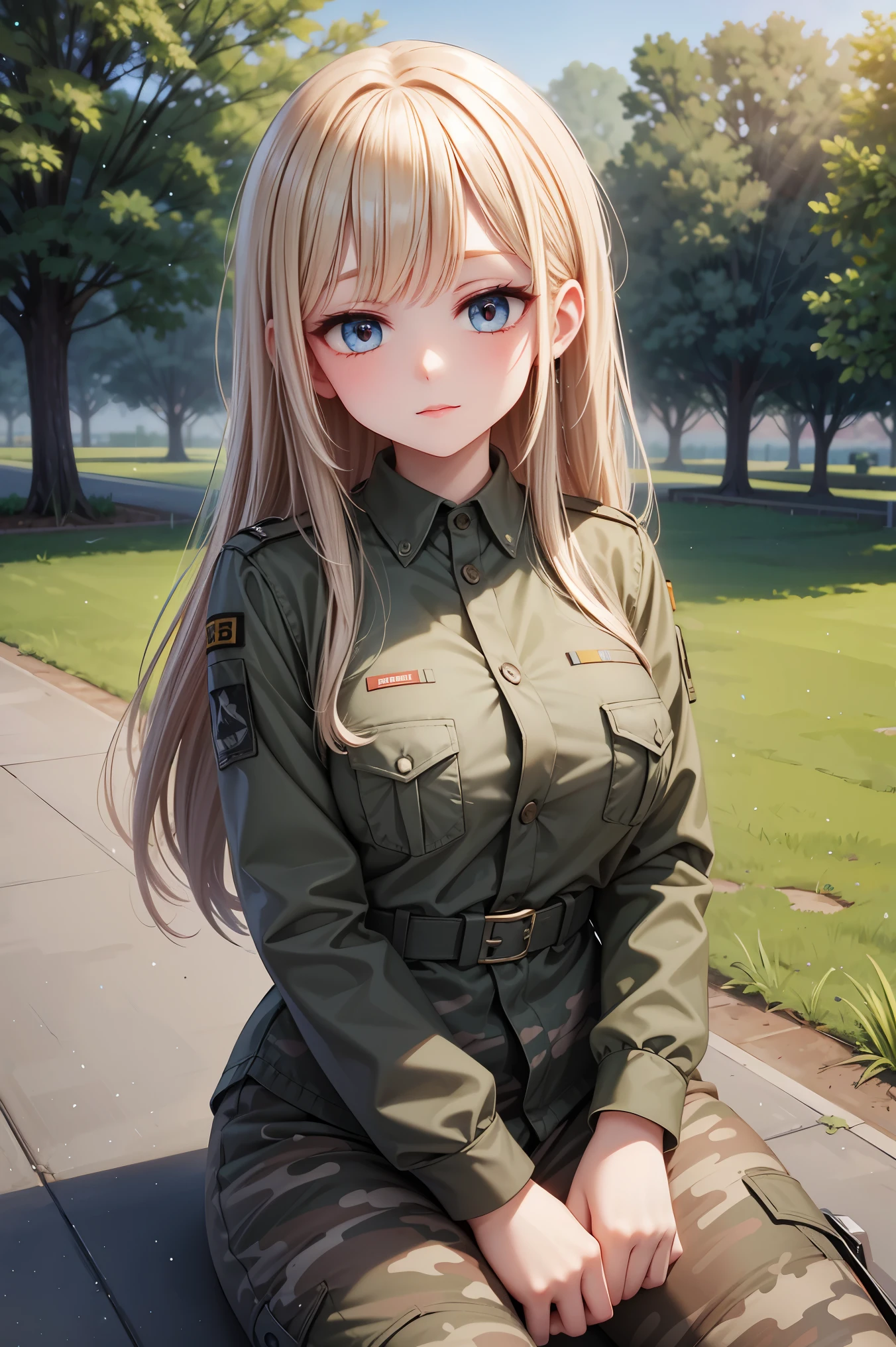 ((masterpiece, best quality, ultra-detailed, very fine 8KCG wallpapers)), 1girl, solo, medium breasts, soldier, camouflage clothing, military base, military uniform, nice hands, perfect hands,