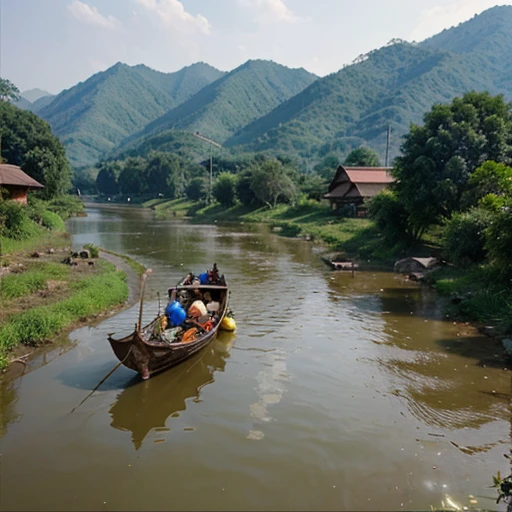 the atmosphere of a village in Thailand in the past, there were people plowing rice fields next to a beautiful river ภาพสวยสมจริง ถ่ายโดยมืออาชีพ แสงยามเย็น 