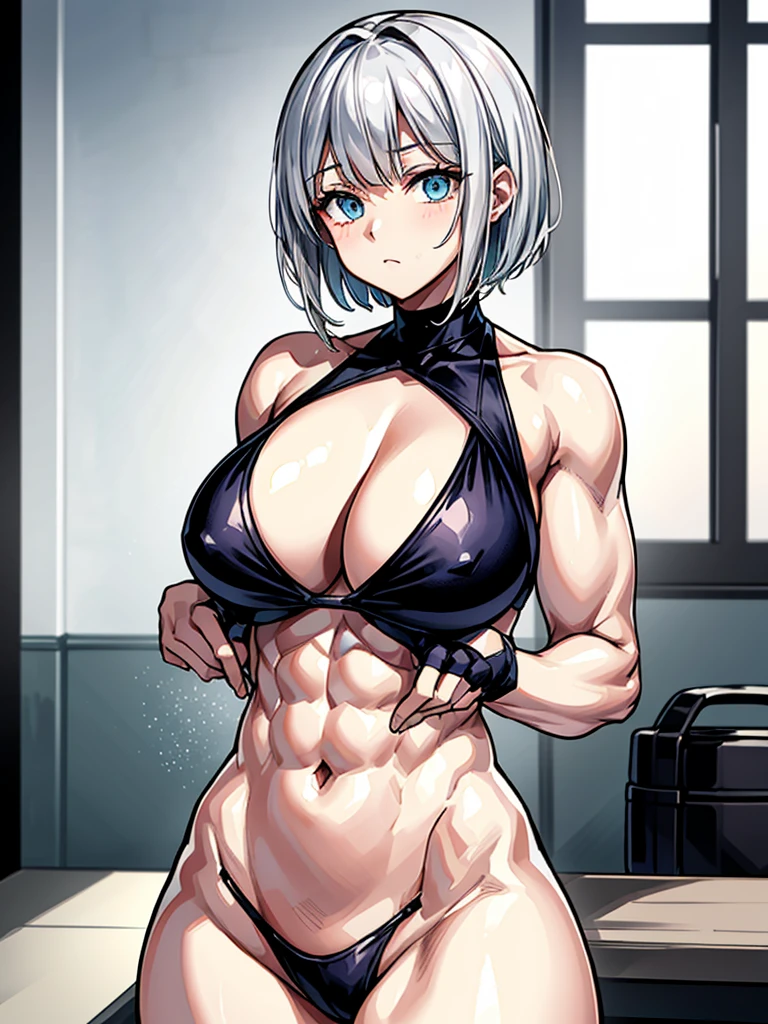 （（（masterpiece、Highest image quality、highest quality、highly detailed unity 8ｋwallpaper）））、（（Illustration of one girl））、（（（beautiful girl）））、（（white hair、short hair、crew cut：1.2、light blue eyes））、（（（stocky build, thickset physique, muscular legs, broad shoulders, solid chest：1.3）））、swimsuit、sandy beach