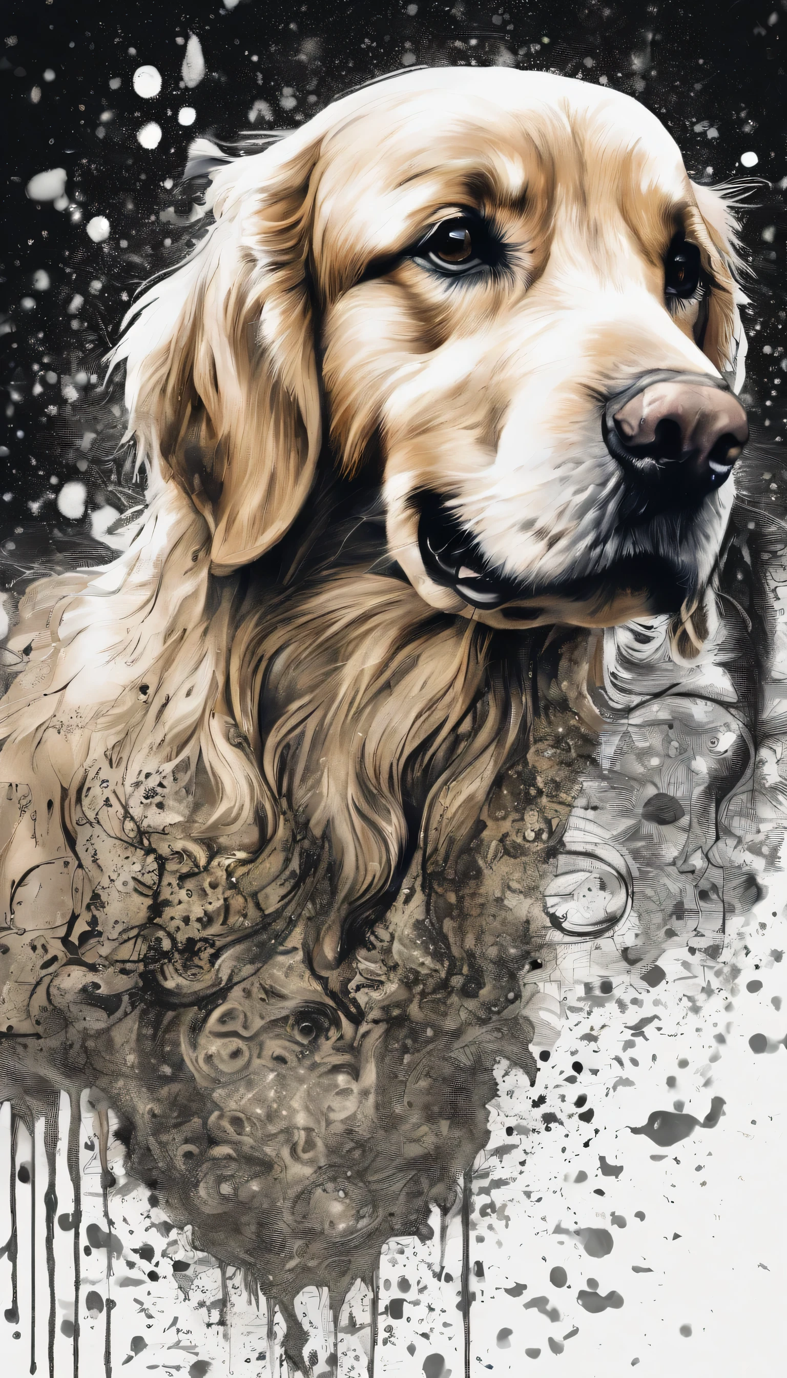 splash art, golden retriever,Milky Way,double contact, The head is in the center of the screen,sharp vision, art station, Color paint splatter style, contour, Super detailed complex detailed , Unreal Engine, excellent, intricate details, splash screen, complementary colors, fantasy concept art, 8K resolution, The work of an outlier, painting, puff, paint drops, splash ink painting