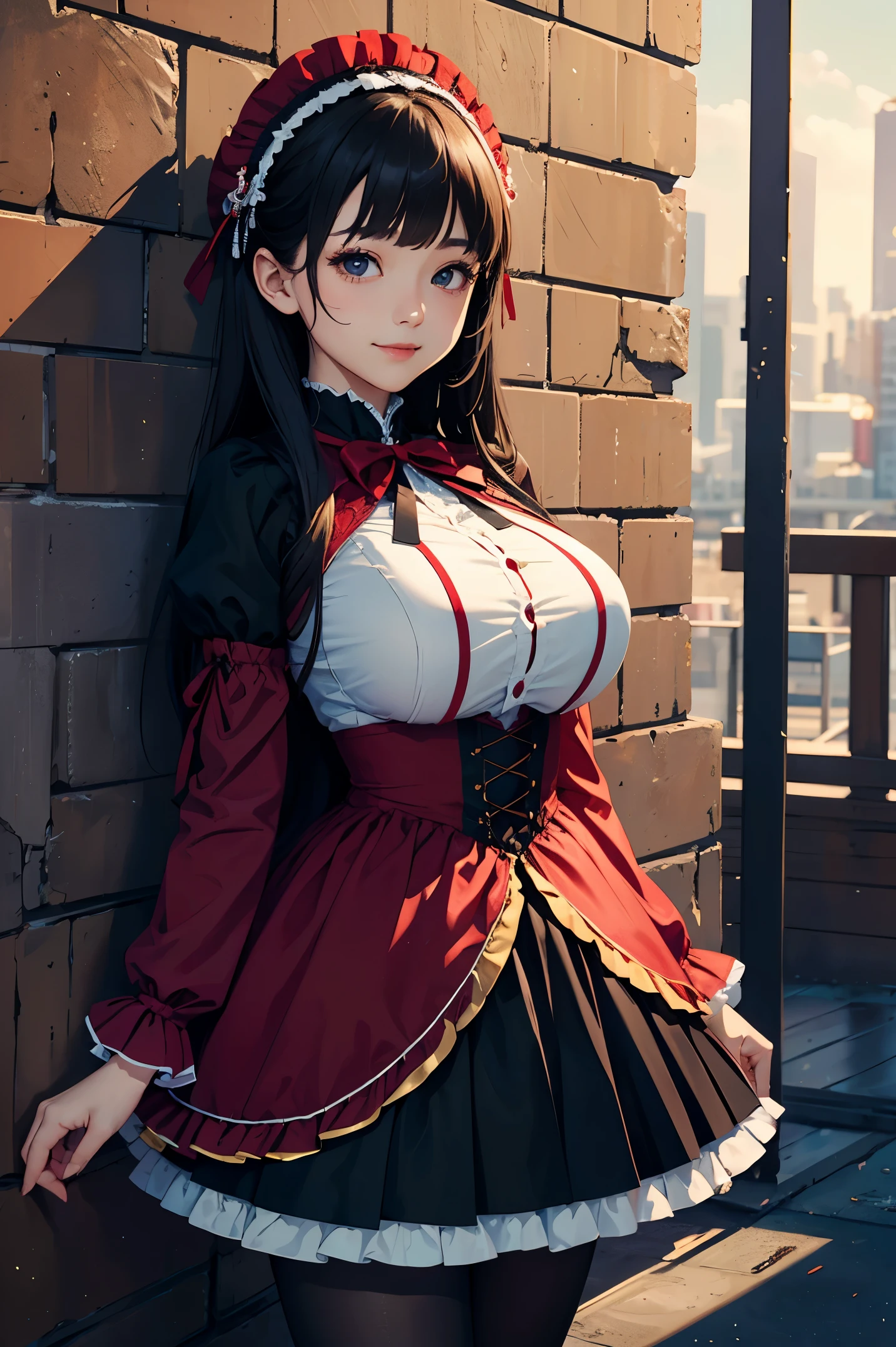 (8k ,Super detailed,The best masterpiece,Nature,Perfect work of art,Perfect female body),Clear skies,standing on top of the building,Looking at the bright sky,Two sexy busty wives ,Red lace lolita dress,Moiré Mini Dress,Sexy fashion babes,Black suspenders,