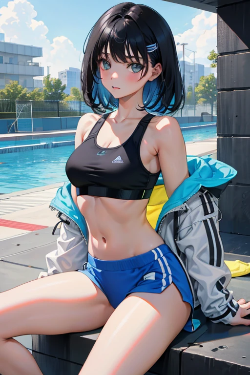 (masterpiece,highest quality),child,petite,black haired,medium hair,Light blue sports bra,sports bra tuck up