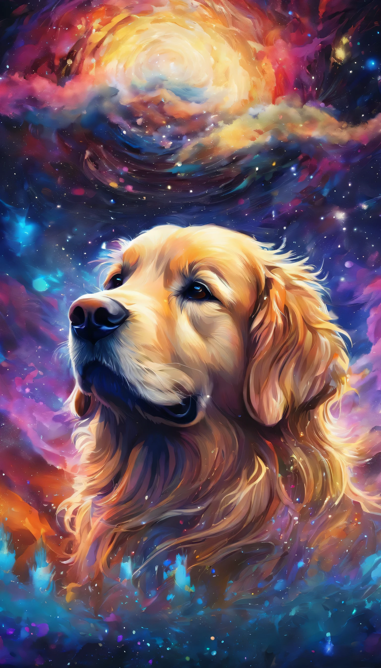 splash art, golden retriever,Milky Way，double contact, The head is in the center of the screen，sharp vision, art station, Color paint splatter style, contour, Super detailed complex detailed , Unreal Engine, excellent, intricate details, splash screen, complementary colors, fantasy concept art, 8K resolution, The work of an outlier, painting, puff, paint drops, splash ink painting