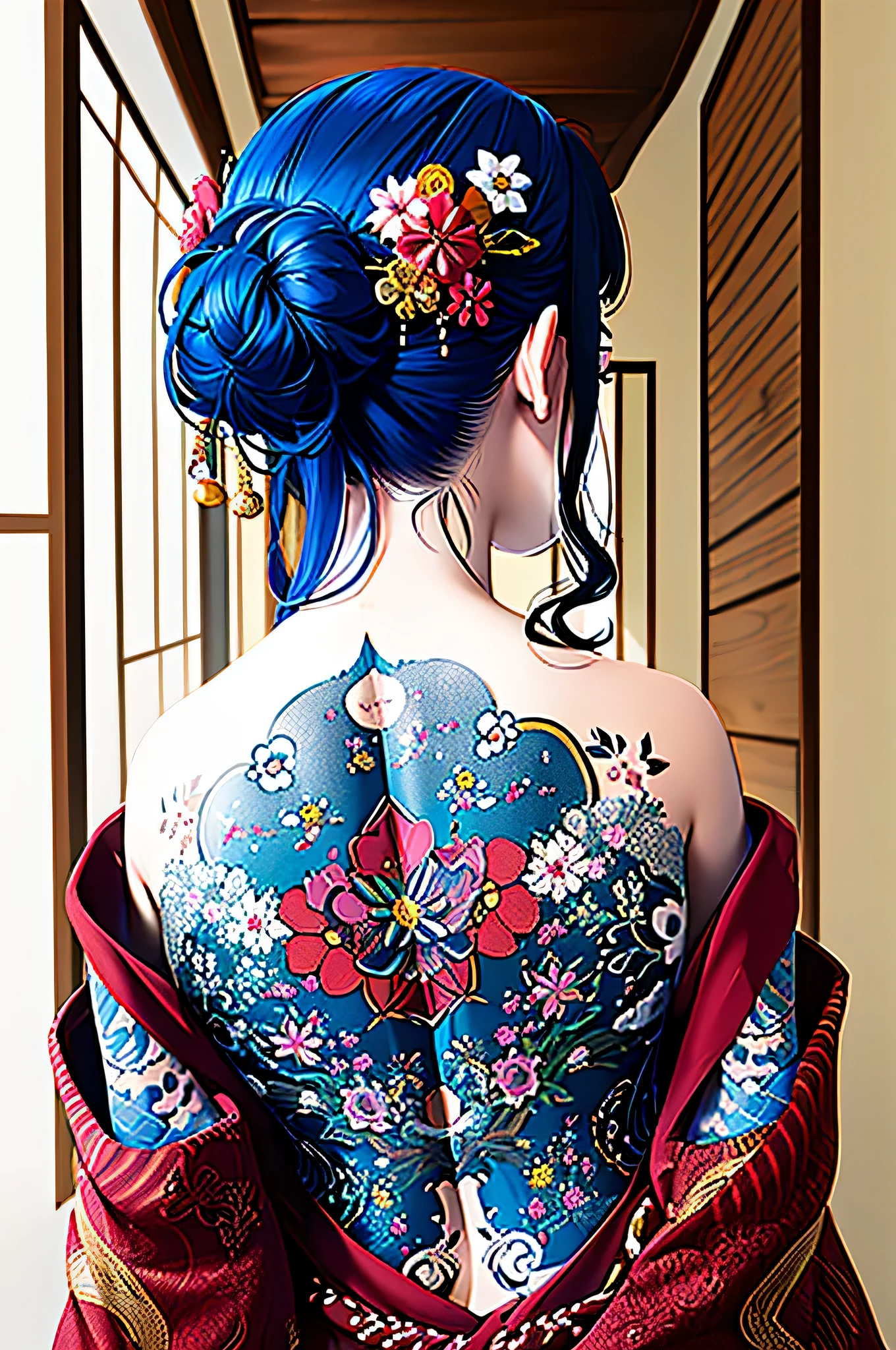 (masterpiece, top quality, best quality, official art, beautiful and aesthetic:1.2),1girl, tattoo, solo, japanese clothes,  hair ornament, unsheathing, black hair, sheath, back tattoo, blue eyes,  off shoulder, bare shoulders, looking back, from behind, flower, looking at viewer,  holding, makeup, 
indoor,