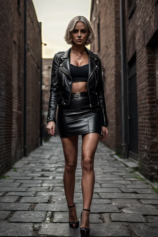 slim girl,blonde bob hair,leather mini skirt,high heels,(best quality,4k,8k,highres,masterpiece:1.2),ultra-detailed,professional,(realistic, photorealistic,photo-realistic:1.37),vivid colors,horror,portrait,dark atmosphere,fierce facial expression,stunning eyes,sexy lips,black leather jacket,tattoos on arms,standing against a brick wall in a dimly lit alleyway,moonlight illuminating the scene,unsettling shadows in the background.