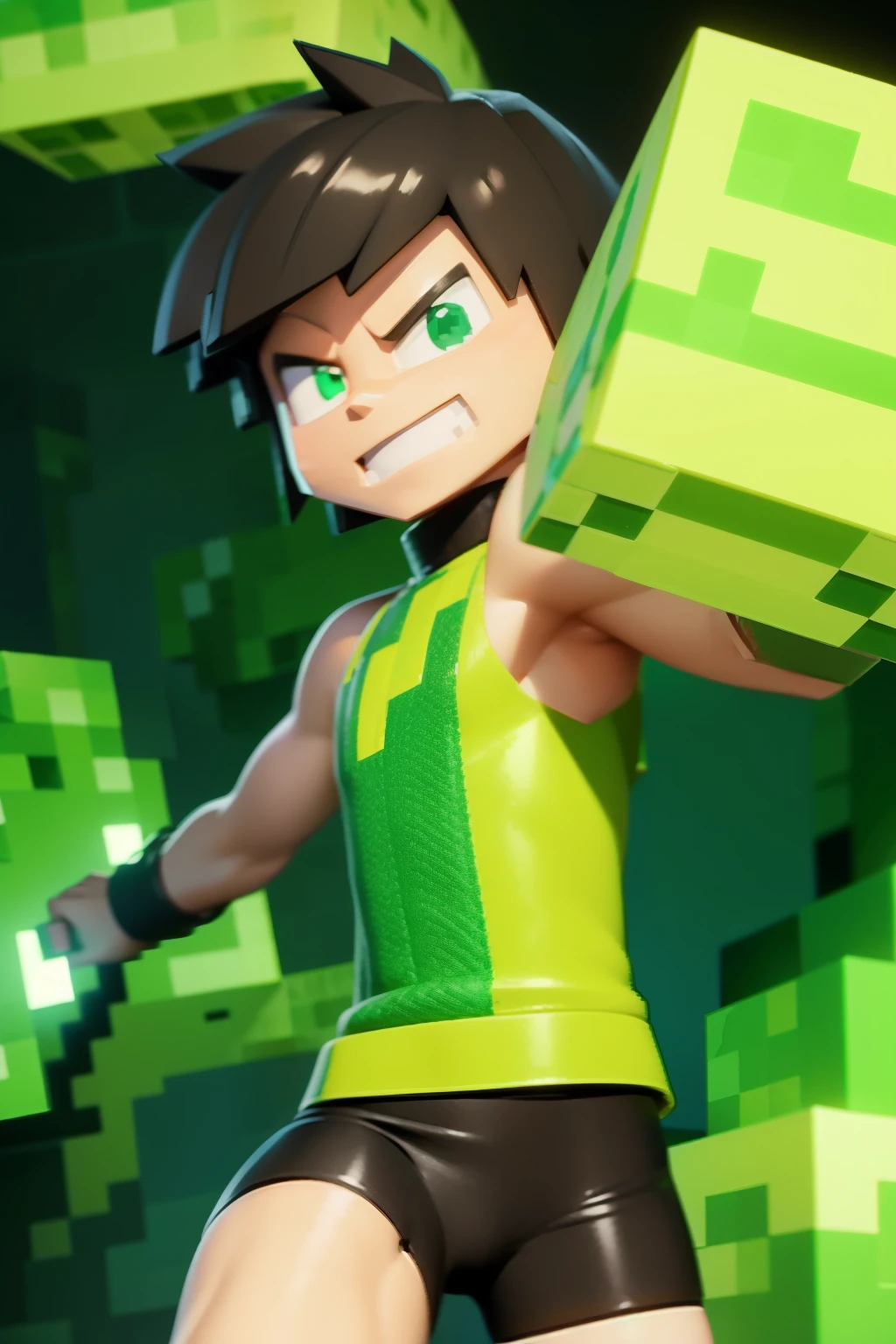 Ben Tennyson, Minecraft-style animation, detailed 3D rendering, blocky textures, classic Ben 10 outfit, looking determined, holding Omnitrix with glowing eyes, pixelated background, bustling Minecraft environment, wearing Minecraft-inspired armor, (best quality: 1.0), (ultra highres: 1.0), (8-bit art: 1.2), (masterpiece: 1.1), (intricately crafted: 1.3)