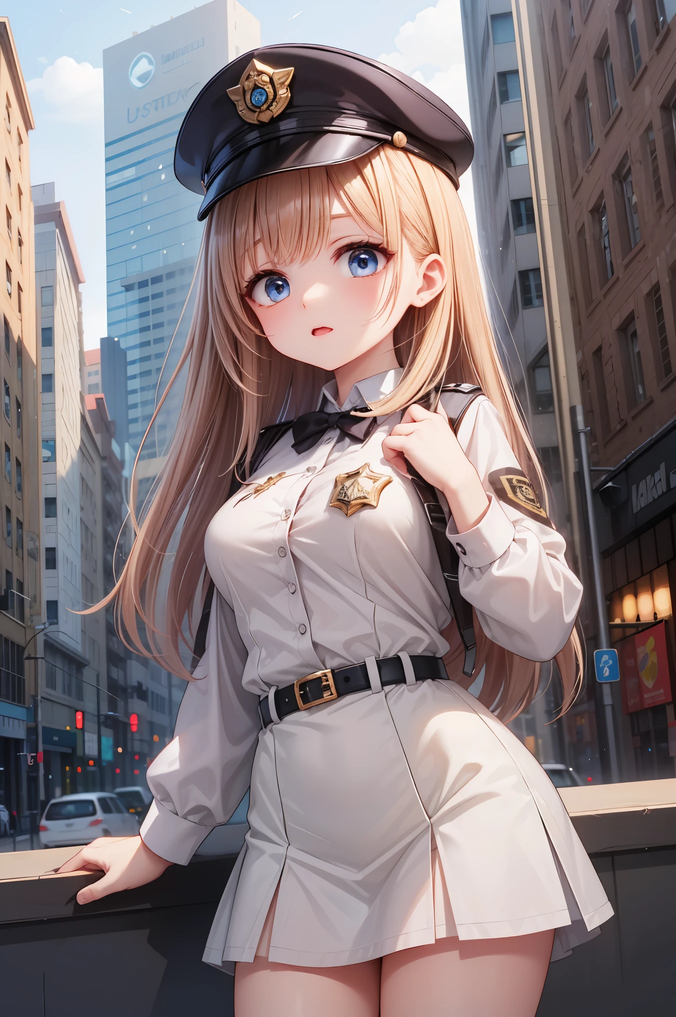 ((masterpiece, best quality, ultra-detailed, very fine 8KCG wallpapers)), 1girl, solo, medium breasts, cop, down town, cop costume, nice hands, perfect hands,