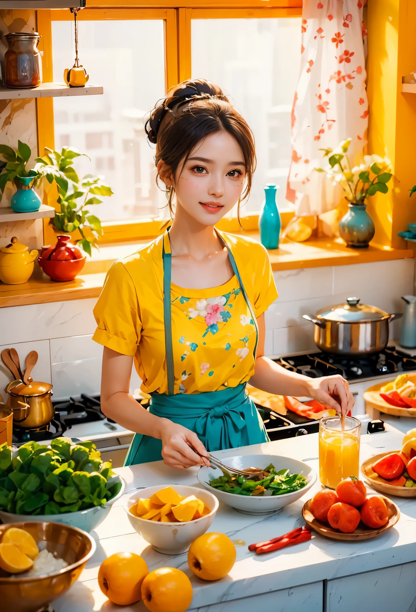 An imaginative and heartwarming depiction of a dream girlfriend, envisioned as a loving partner and lifelong companion, cooking in the kitchen. She radiates a sweet and comforting smile that brightens the room, creating a sense of joy and tranquility. Her smile is so enchanting that it can make all worries fade away. She embodies wisdom, beauty, and a diligent character. Her attire is casual yet feminine, suitable for cooking, with her hair tied back neatly. The kitchen setting is homely and well-equipped, filled with the aroma of delicious food. The overall style is a blend of realism and a touch of whimsy, capturing the essence of a sweet, hardworking girl in a domestic, loving environment, (花卉水彩画:1.5)，(Super high saturation, bright and vivid colors:1.5), (正面看着观众:1.5)