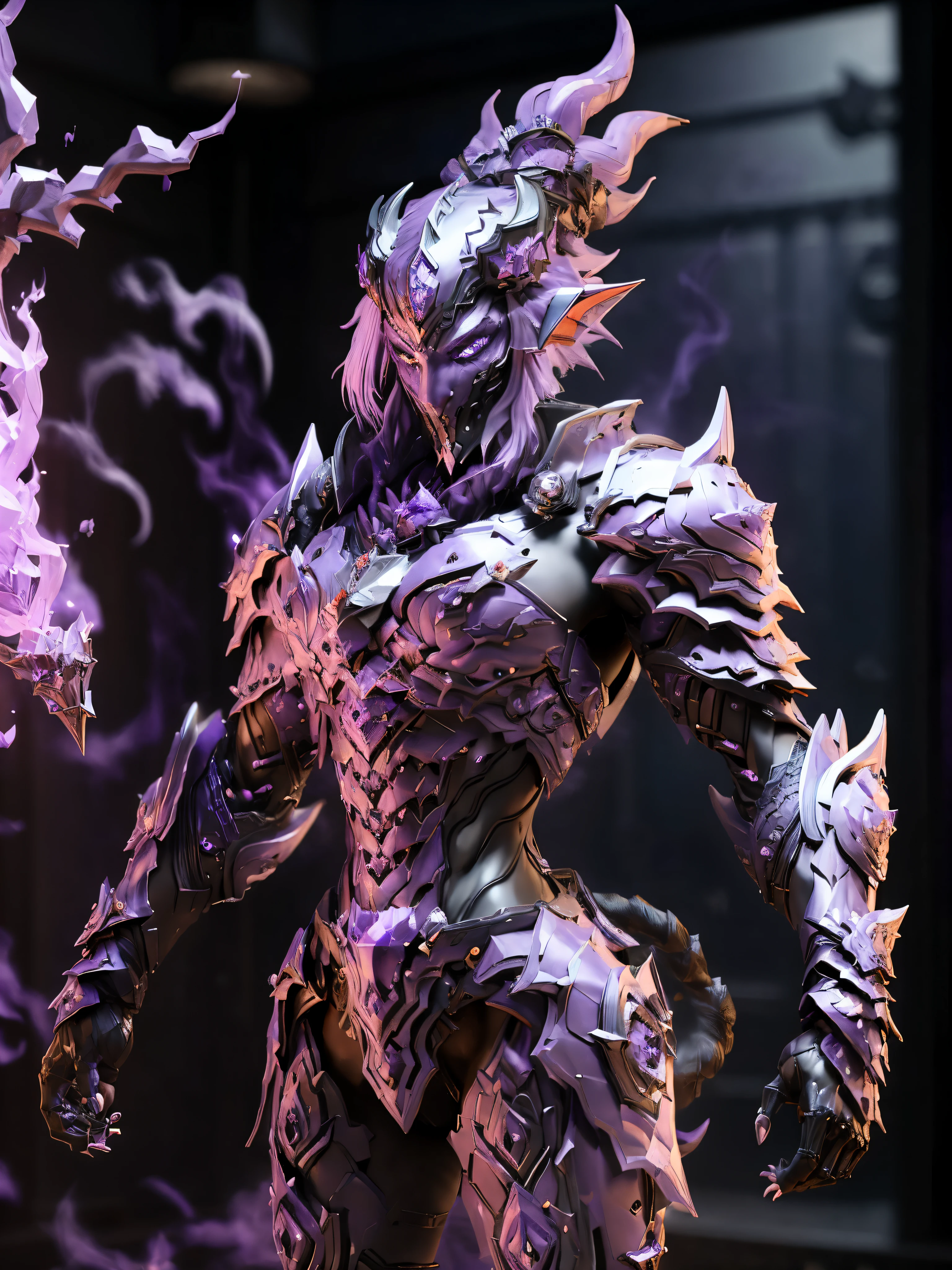 Witch, (PURPLE:1.5), DRAGON HEAD, HEAVY CRYSTAL WITCH ARMOR, TRANSPARANT, ABS, colourful smoke around the character
