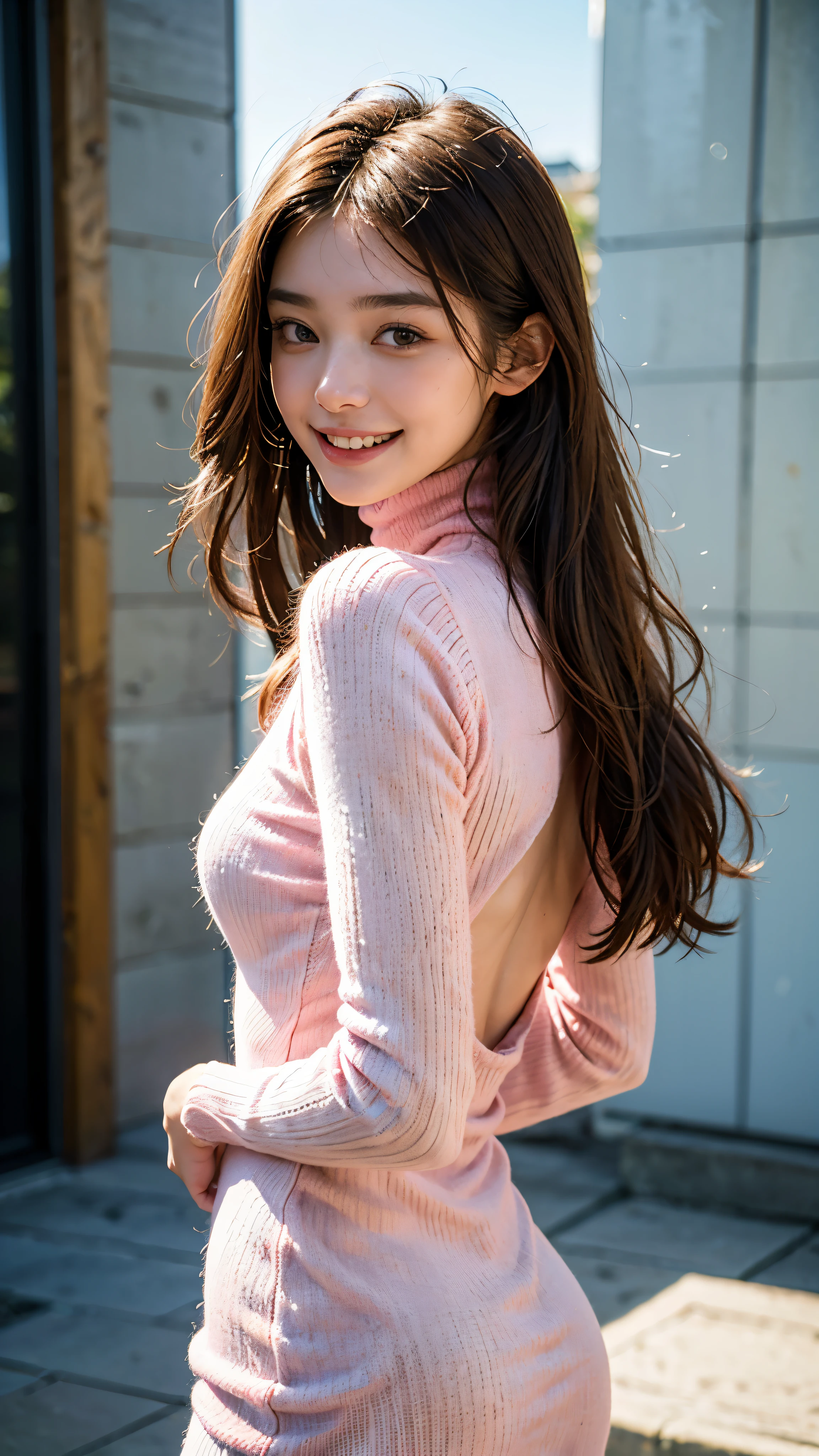highest quality, masterpiece, ultra high resolution, (realistic:1.4), (close portrait) RAW photo, 1 girl, 22 years ago, (((Light pink turtleneck open back knit dress))), masterpiece, realistic pictures, japanese pictures, fuji negative film, saturation, contrast, Pocari Sweat Advertisement ((small breasts)),((smile showing teeth)),Semi-long chignon hair,brown hair,