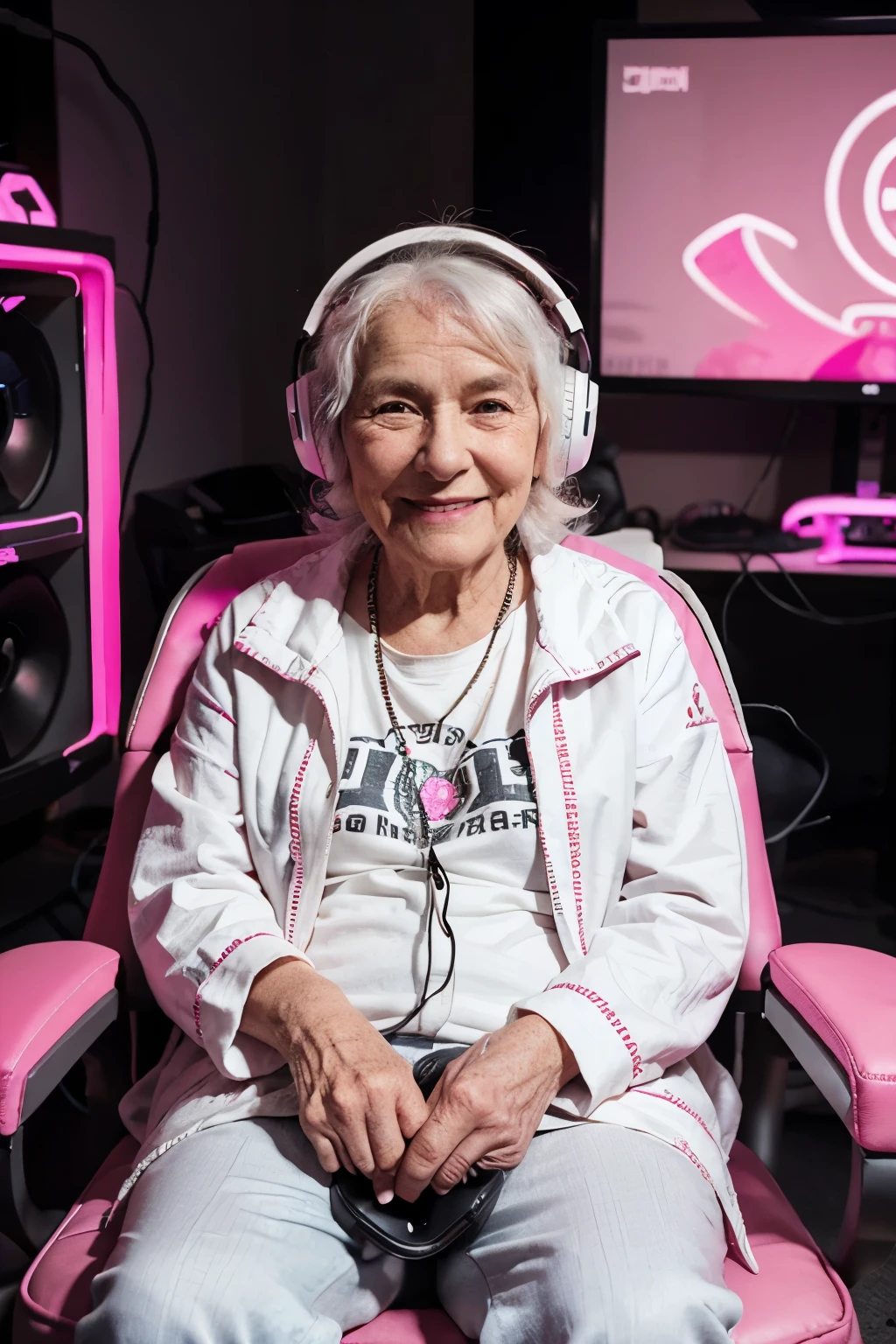 very old 100 year old woman, white curly hair, pink headphone, neon theme gaming room, sitting on gaming chair,smile