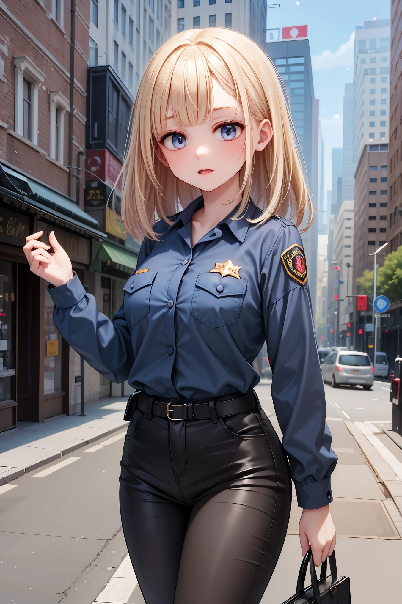 ((masterpiece, best quality, ultra-detailed, very fine 8KCG wallpapers)), 1girl, solo, medium breasts, cop, down town, cop costume, nice hands, perfect hands,