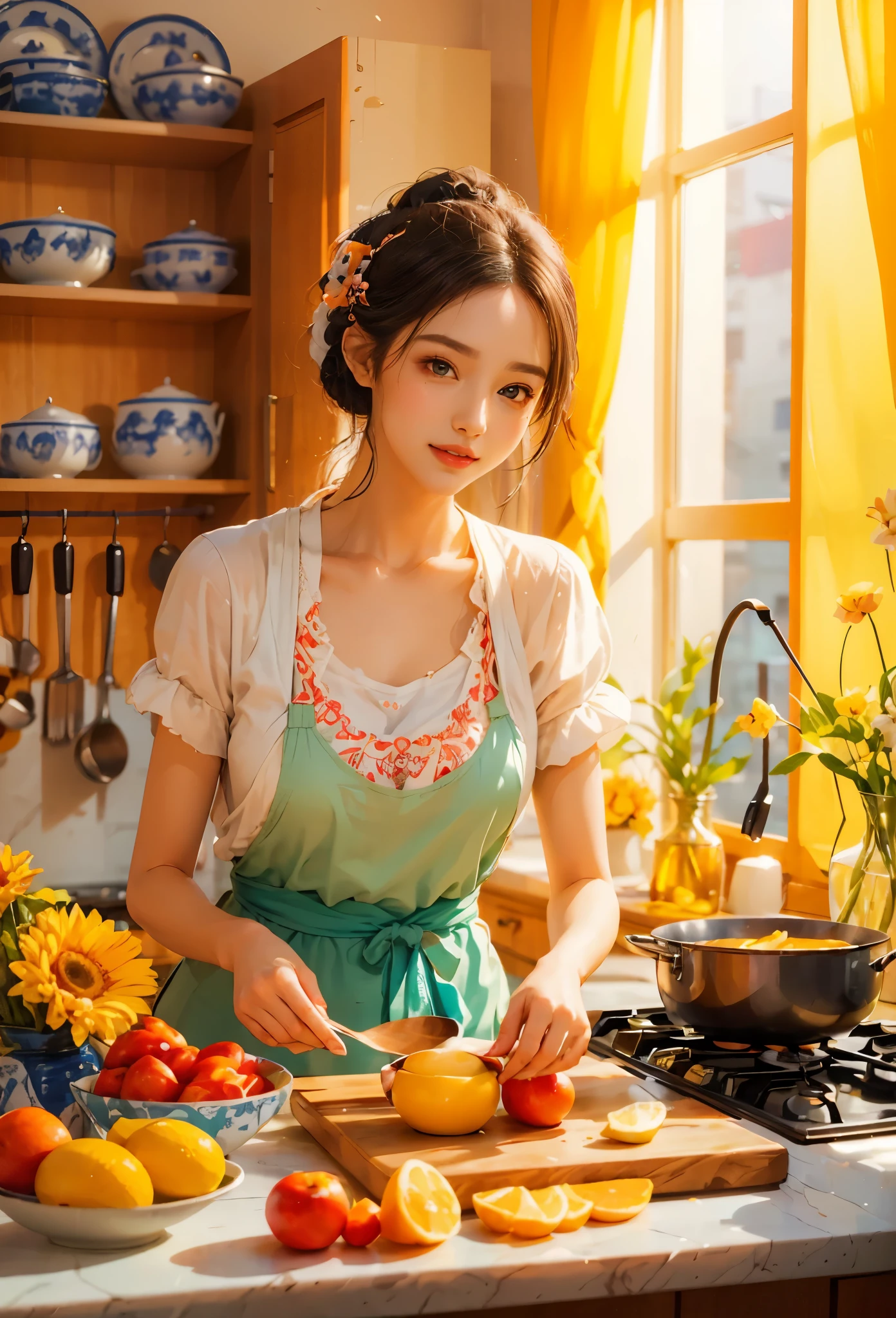 An imaginative and heartwarming depiction of a dream girlfriend, envisioned as a loving partner and lifelong companion, cooking in the kitchen. She radiates a sweet and comforting smile that brightens the room, creating a sense of joy and tranquility. Her smile is so enchanting that it can make all worries fade away. She embodies wisdom, beauty, and a diligent character. Her attire is casual yet feminine, suitable for cooking, with her hair tied back neatly. The kitchen setting is homely and well-equipped, filled with the aroma of delicious food. The overall style is a blend of realism and a touch of whimsy, capturing the essence of a sweet, hardworking girl in a domestic, loving environment, (花卉水彩画:1.5),(Super high saturation, bright and vivid colors:1.5), (正面看着观众:1.5)