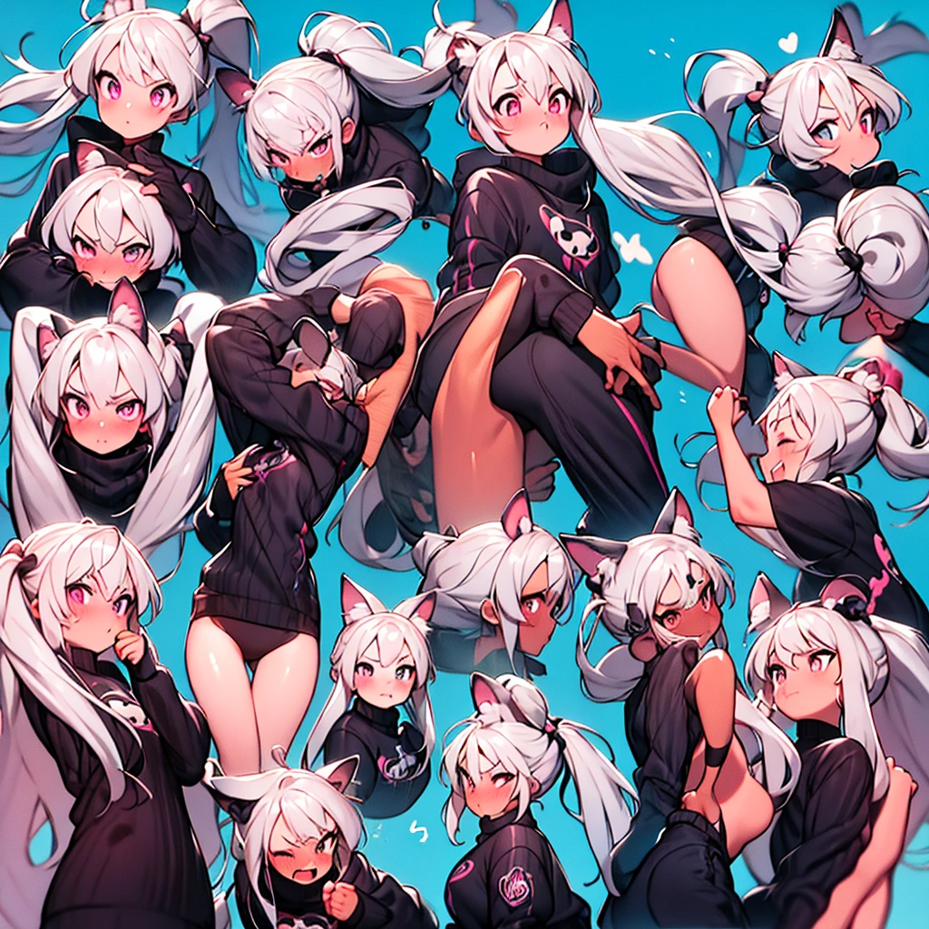 cute female,A pink blue purple white haired,Cat ears,Emoji pack,9 emojis,emoji sheet of,multiple postures and expressions,anthropomorphic styles,Disney style,Black strokes,Different emotions,multiple postures and expressions, blue pink eyes, goth, black choker, boobs, long hair, bangs, side bangs, cat tail