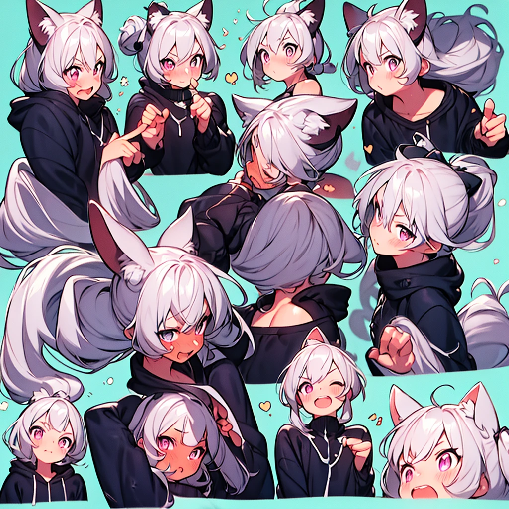 cute female，A pink blue purple white haired，Cat ears，Emoji pack，9 emojis，emoji sheet of，multiple postures and expressions，anthropomorphic styles，Disney  style，Black strokes，Different emotions，multiple postures and expressions, blue pink eyes, goth, black choker, boobs, long hair, bangs, side bangs, cat tail