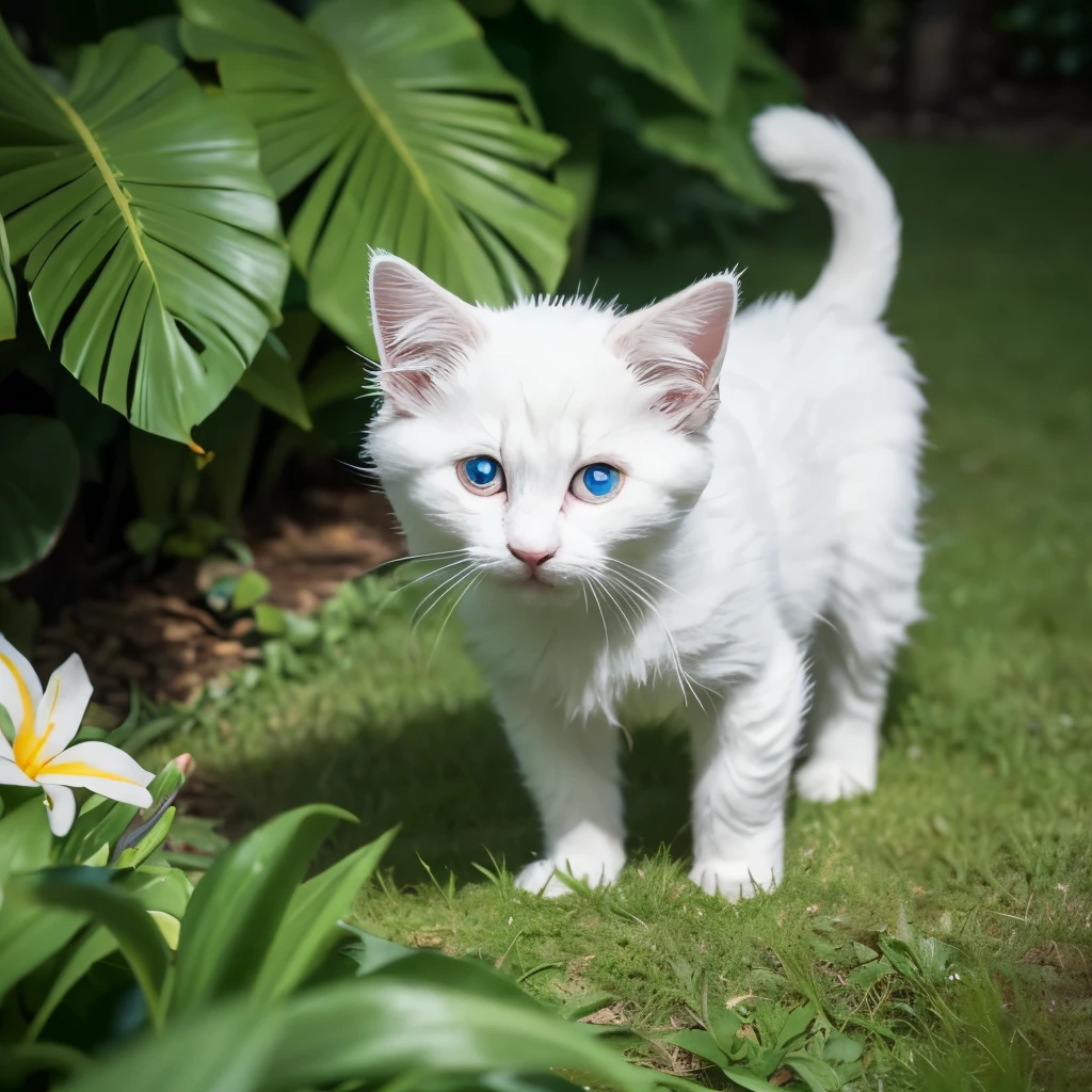 Very cute shaggy white tropical punk kitten，Big eyes，flower garden，Full body Esbian，mouth，cheerfully，Professional Light，Vision，Depth of bounds written，8K，High angle wide angle view，professional photography，Rendering with Octane，better quality，master piece，