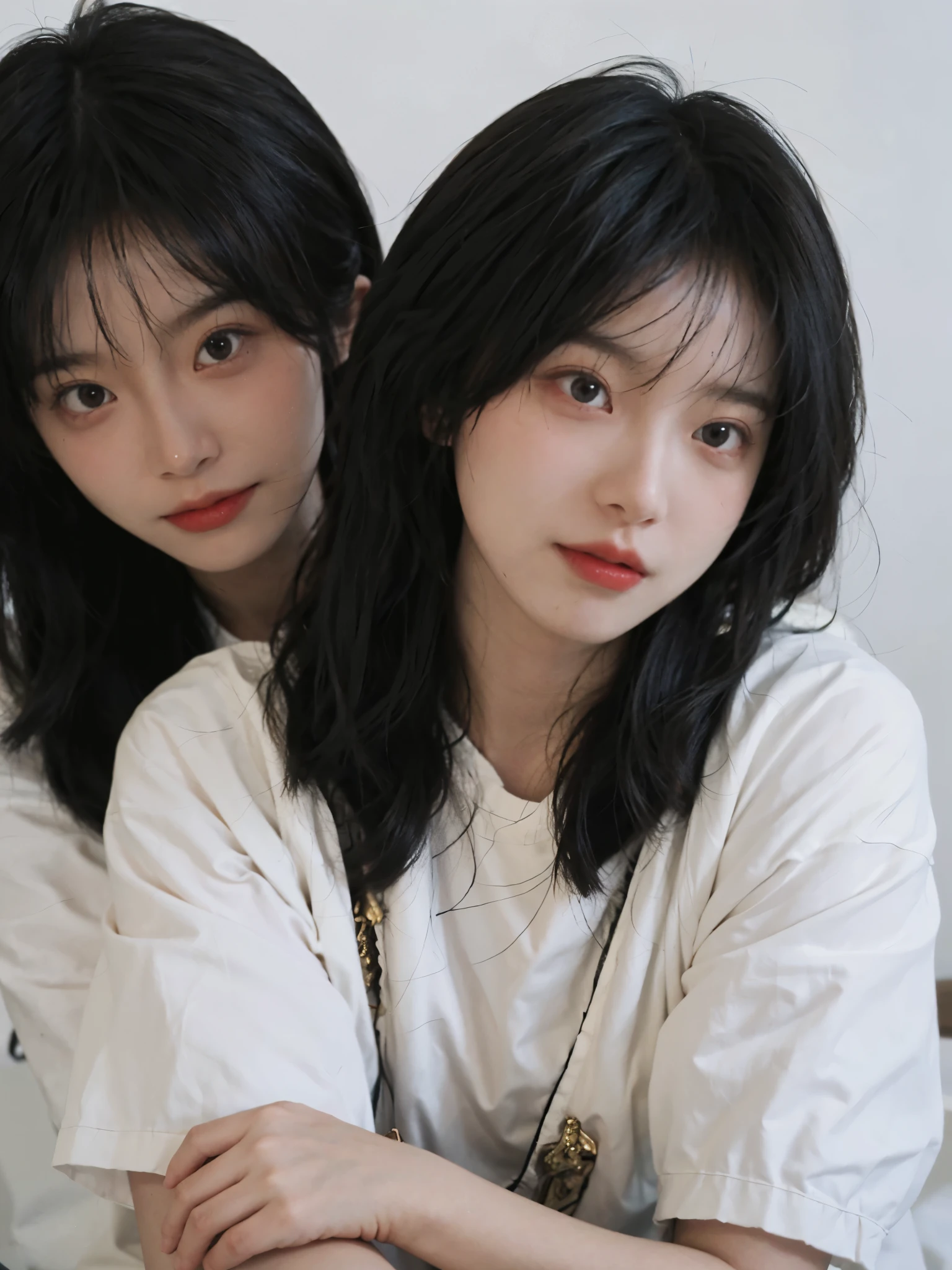 best quality， ultra high resolution， White background，（Upper body：1.4）（realistically：1.4）， 2个girl，（medium shot：1.4 gold），short sleeves，cute，Atmosphere，twin，A pair of eyes as clear as snow,Royal sister，girl，looking at the audience， close up ，