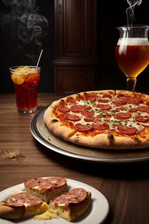 pizza with cheese and sausage, baked on all sides, lies on a plate. there is a glass with a drink next to it, a lot of steam, a hookah next to the plate. lots of detail,close-up,8k, Greg Rutkowski style